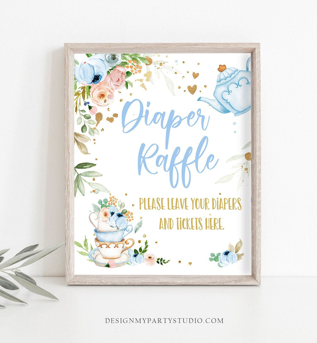 Diaper Raffle Sign Tea Party Favors Baby Shower Diapers and Tickets Blue Gold Floral Baby is Brewing Decor Par-tea Download Printable 0349