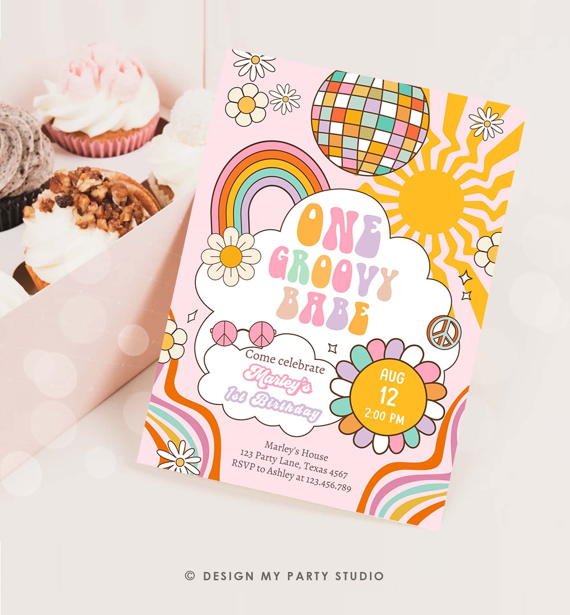 Editable Groovy One Retro 1st Birthday Invitation First Birthday One Groovy Babe Invite Peace Love Pink Download Template Corjl Digital 0459