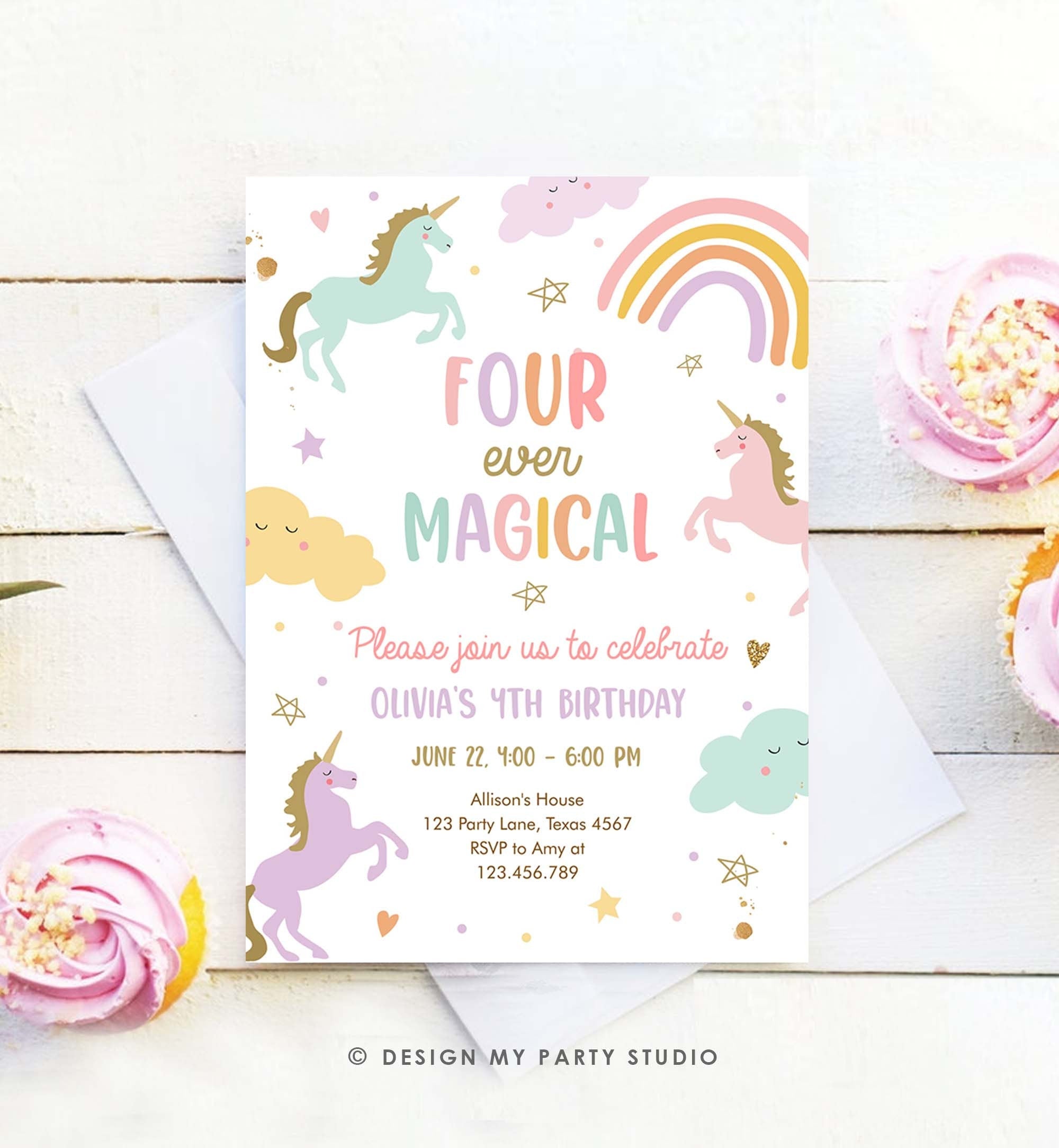 Editable Unicorn 4th Birthday Invitation Four Ever Magical Party Invite Girl Pastel Fourth Birthday Template Rainbow Download Corjl 0426