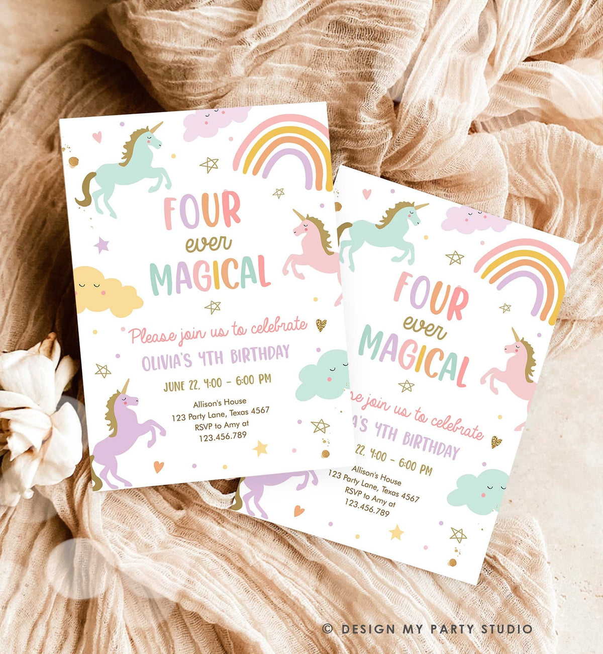 Editable Unicorn 4th Birthday Invitation Four Ever Magical Party Invite Girl Pastel Fourth Birthday Template Rainbow Download Corjl 0426