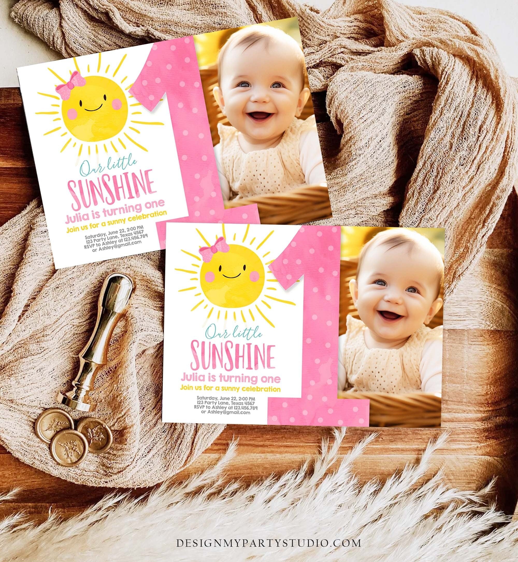 Editable Our Little Sunshine Birthday Invitation Sunshine Party Pink Girl Summer First Birthday Download Printable Corjl Template 0141