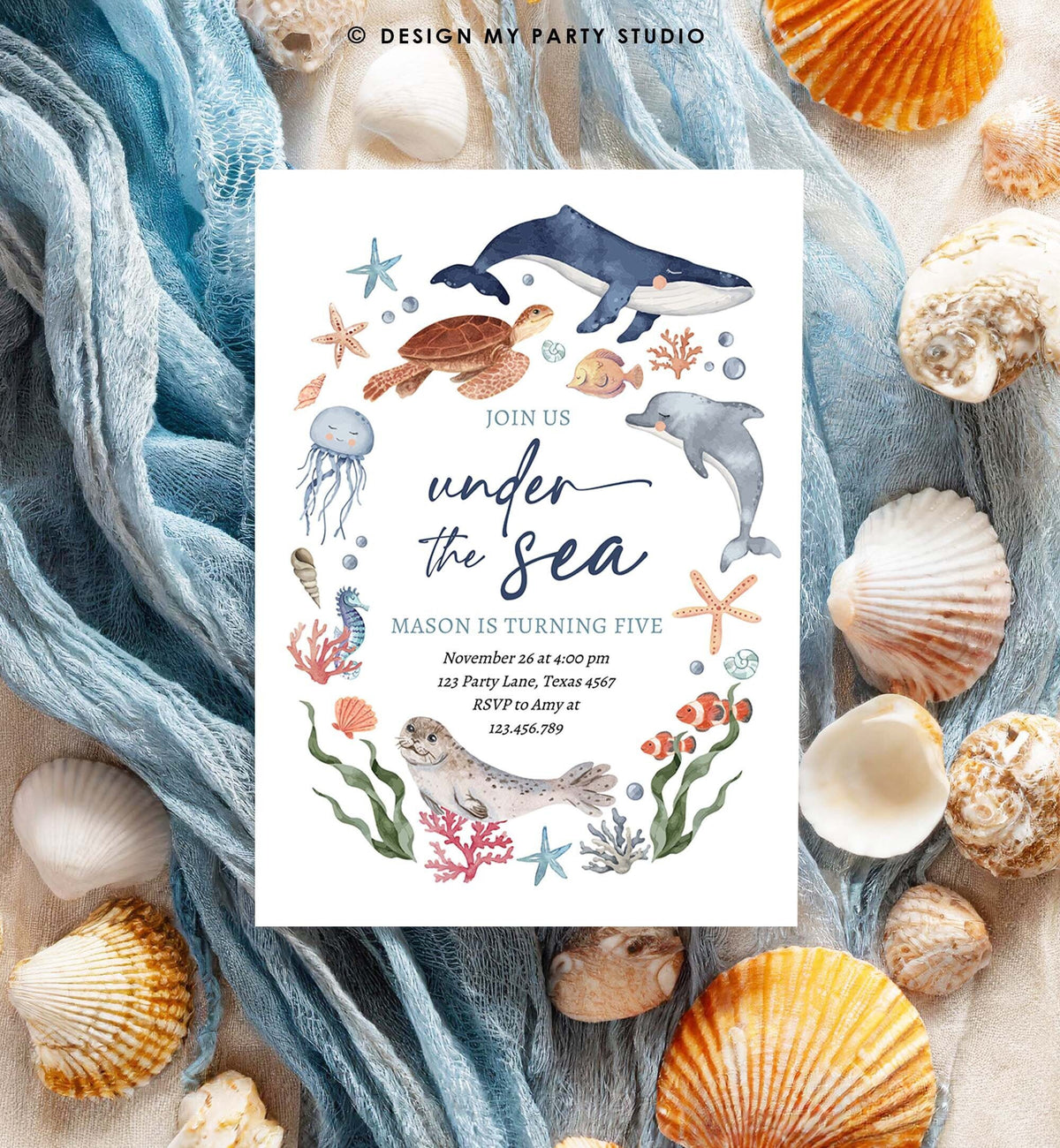 Editable Under The Sea Birthday Invitation Nautical Birthday Party Invite Kids Sea Life Ocean Animals Download Printable Corjl Template 0504