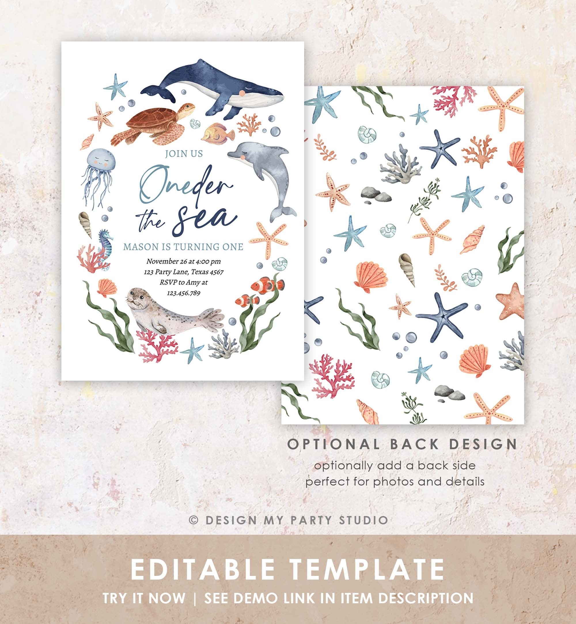 Editable Oneder the Sea Birthday Invitation Nautical 1st Birthday First Under The Sea Ocean Animals Download Printable Corjl Template 0504