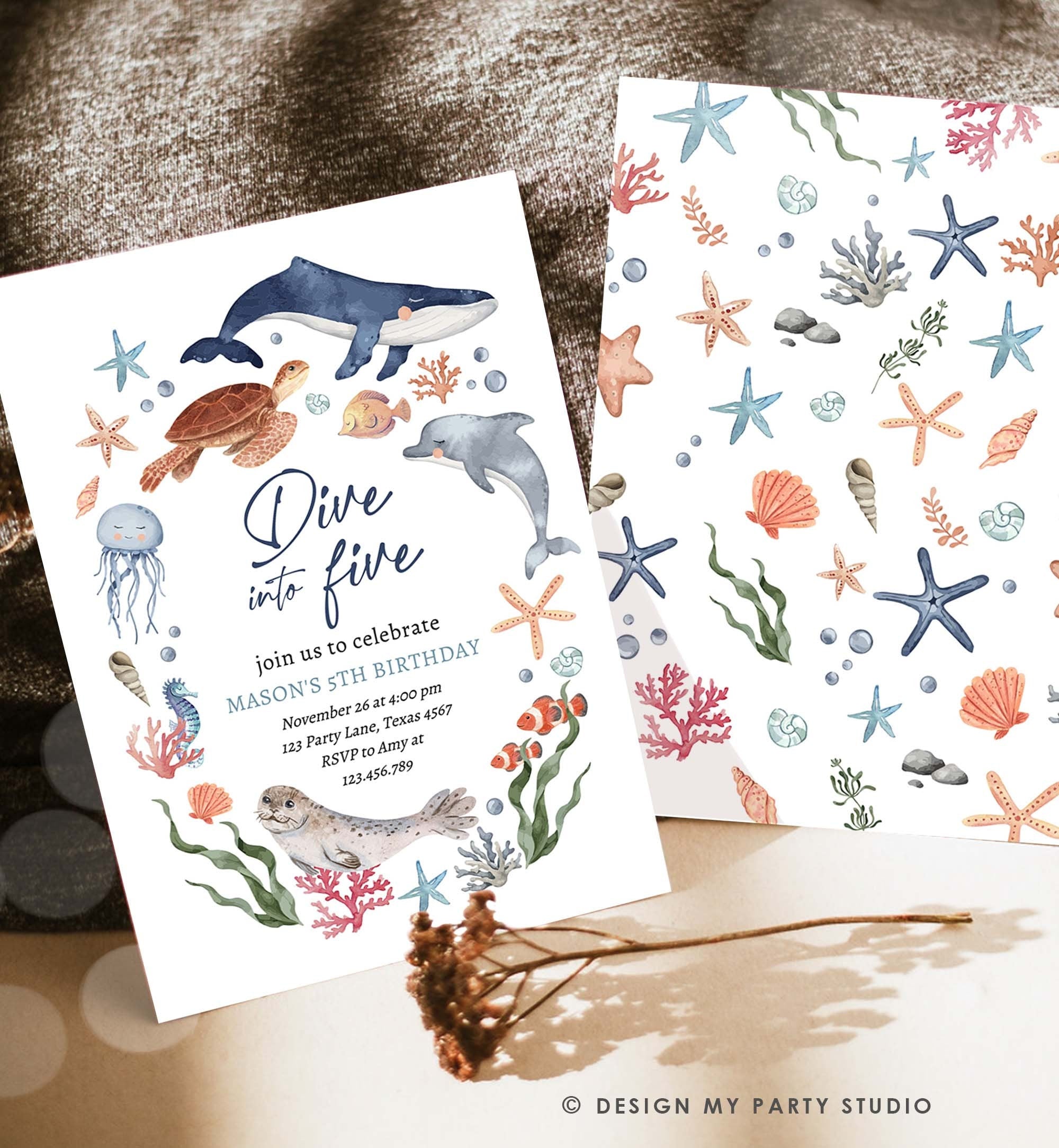 Editable Dive Into Five Birthday Invitation Nautical 5th Birthday Under The Sea Invite Ocean Animals Download Printable Corjl Template 0504