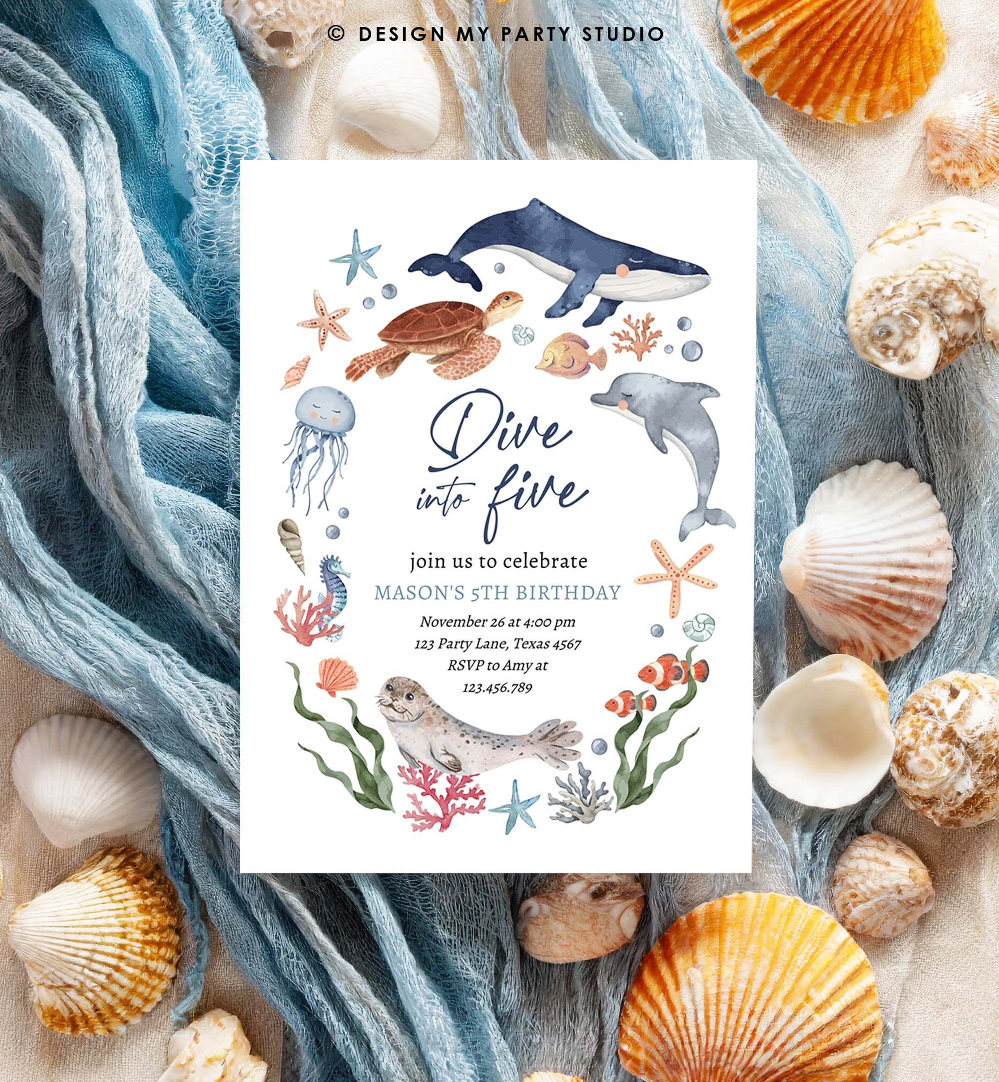 Editable Dive Into Five Birthday Invitation Nautical 5th Birthday Under The Sea Invite Ocean Animals Download Printable Corjl Template 0504