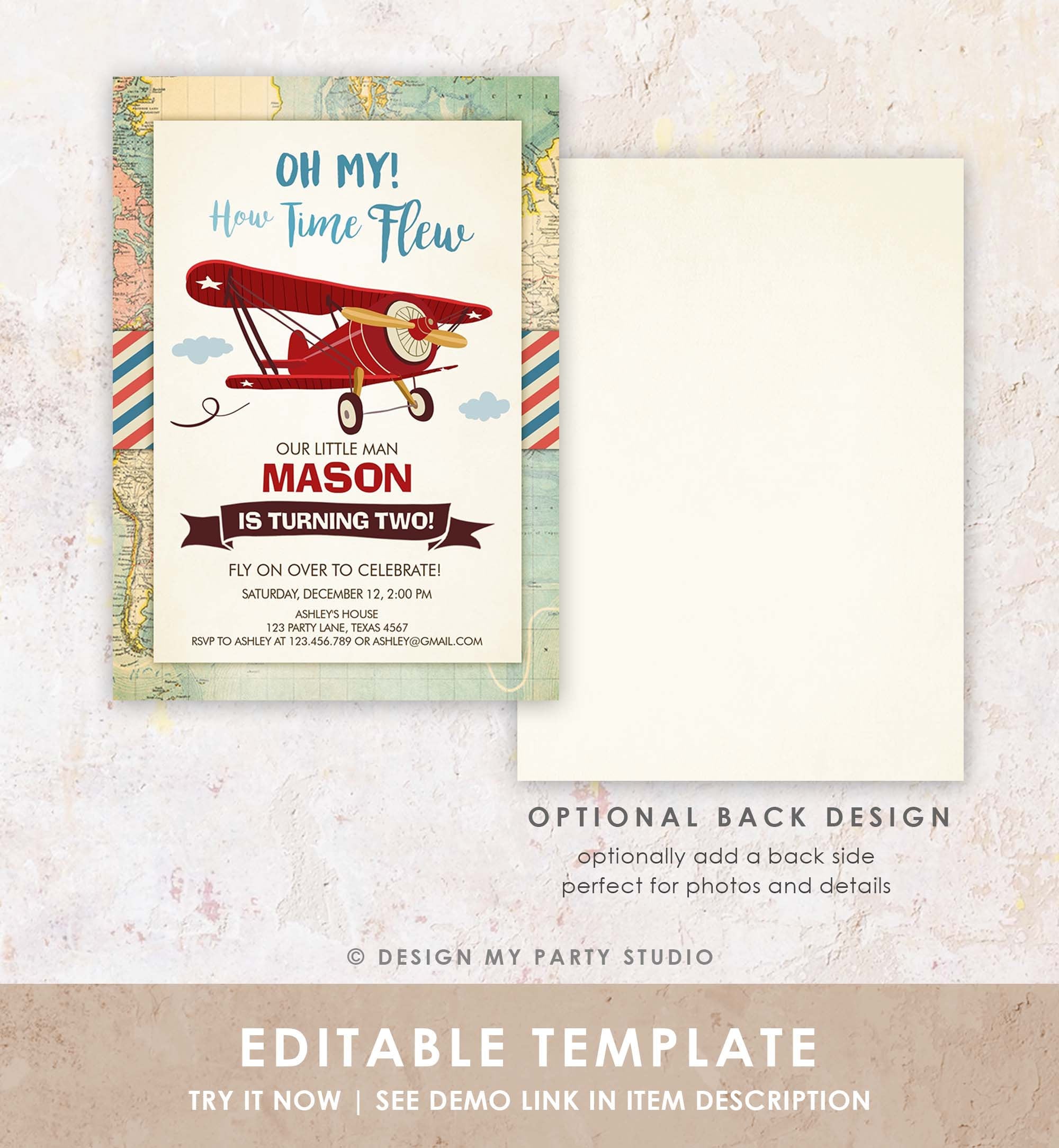 Editable Airplane Birthday Invitation Oh My Time Flew Red Airplane Second Birthday Plane Sky Instant Download Printable Evite Template 0011