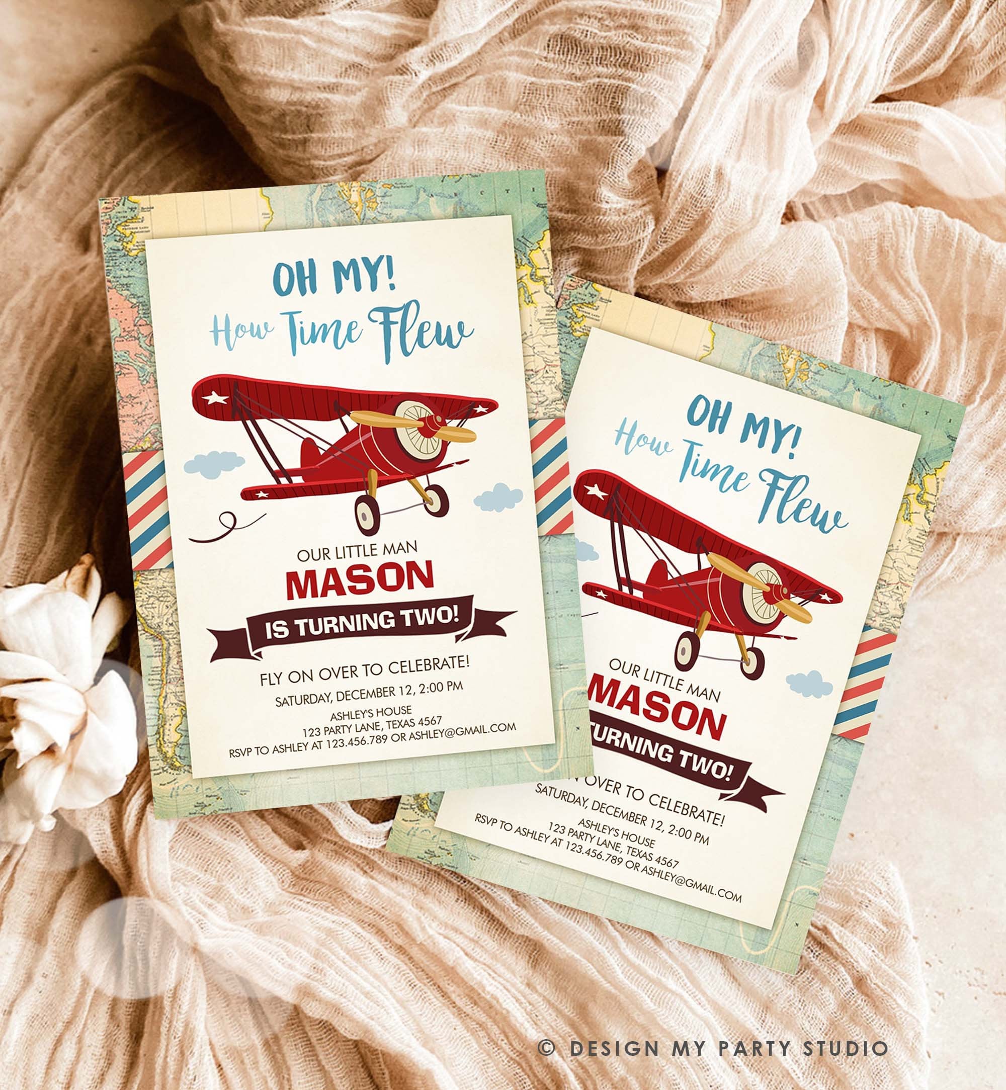 Editable Airplane Birthday Invitation Oh My Time Flew Red Airplane Second Birthday Plane Sky Instant Download Printable Evite Template 0011