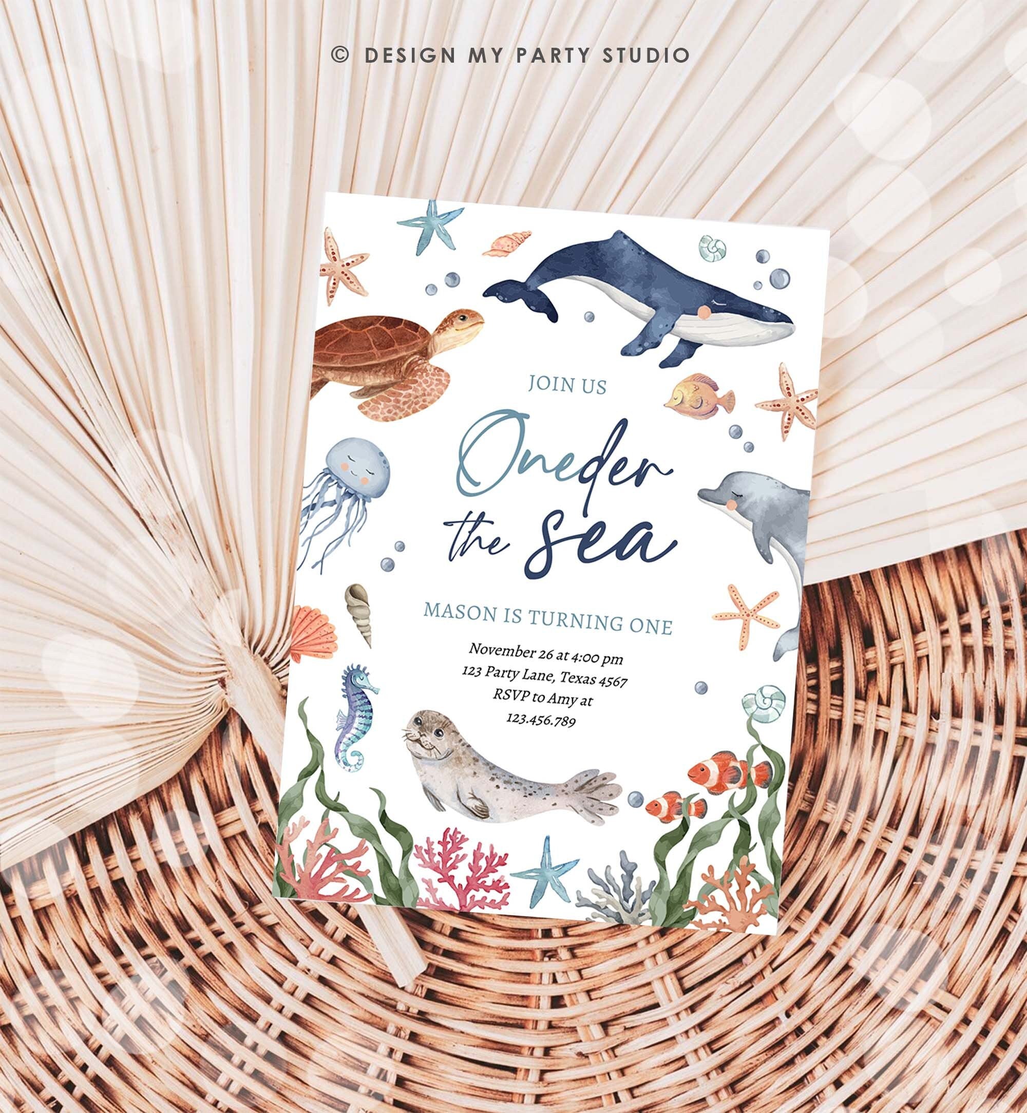 Editable Oneder the Sea Birthday Invitation Nautical 1st Birthday First Under The Sea Ocean Animals Download Printable Corjl Template 0504