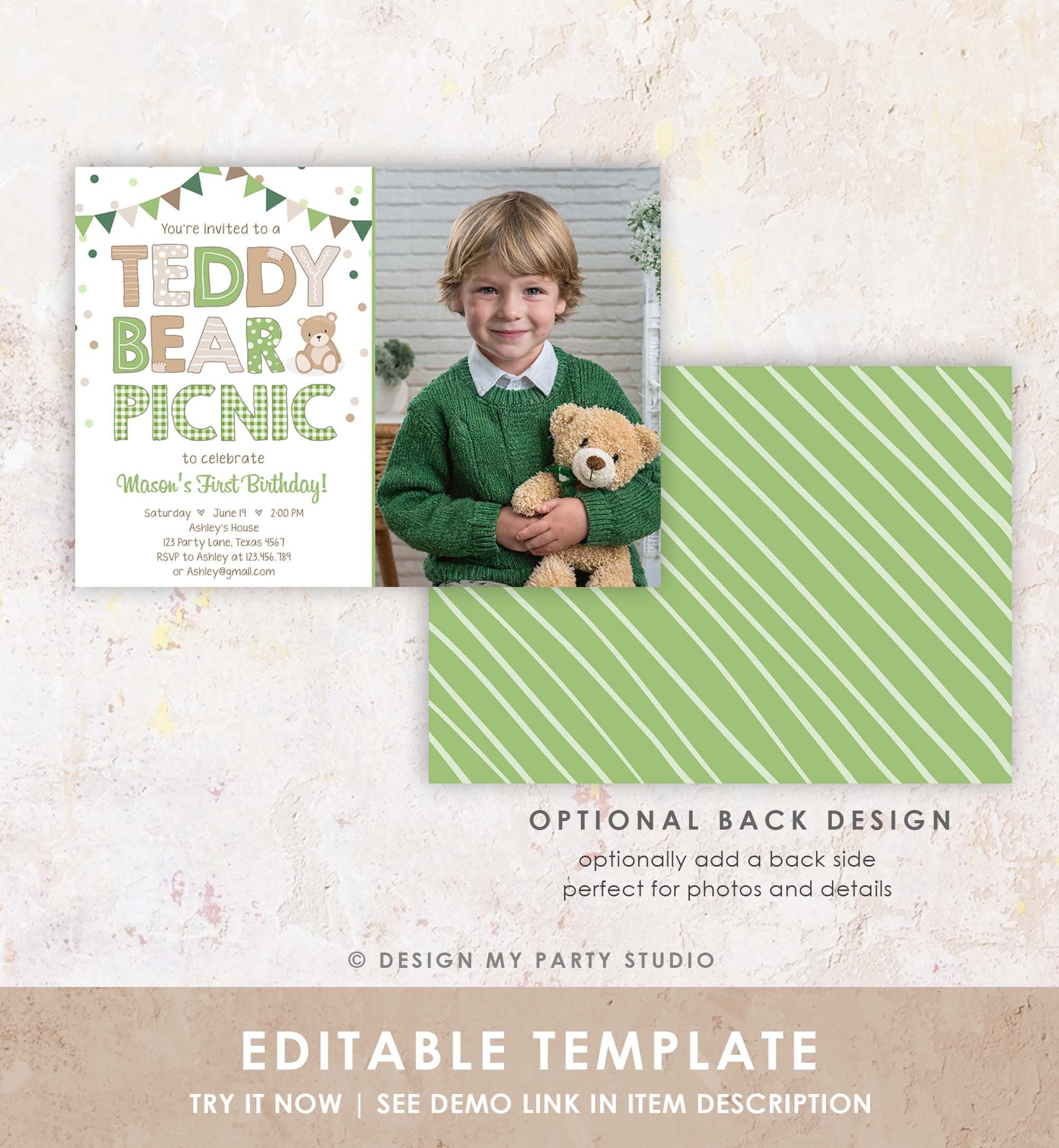 Editable Teddy Bear Picnic Birthday Invitation Green Gingham Boy Bear Picnic Outdoor First Birthday Digital Evite Template Printable 0100