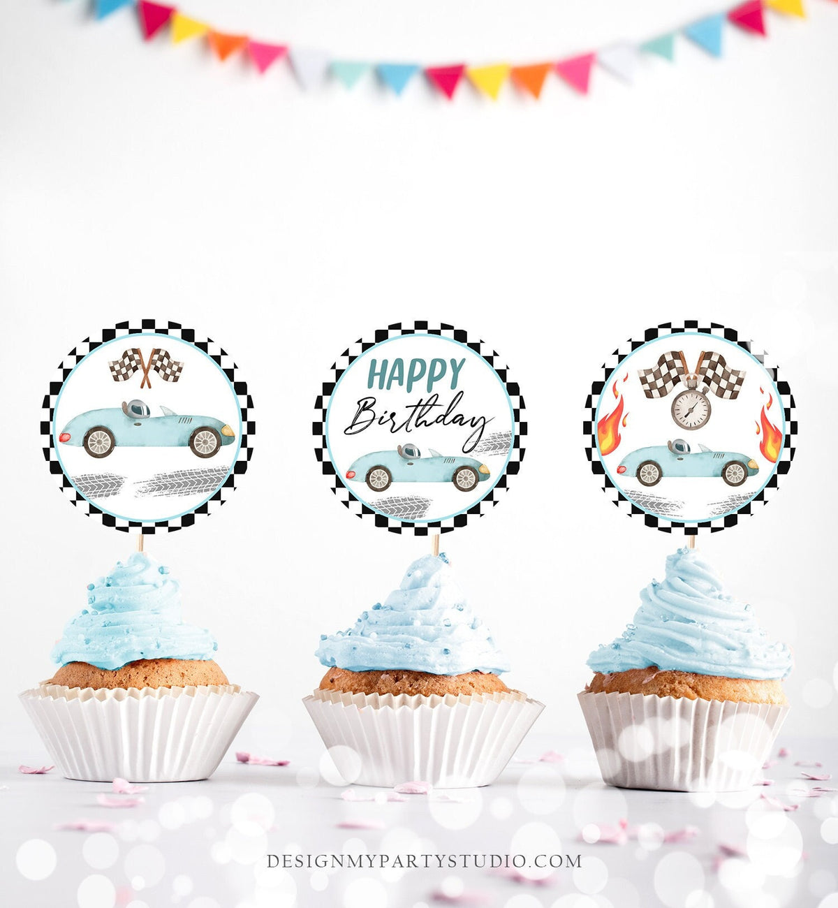 Racing Car Birthday Cupcake Toppers Vintage Race Car Blue Boy Growing Up Two Fast Two Favor Tag Stickers Instant Download PRINTABLE 0424