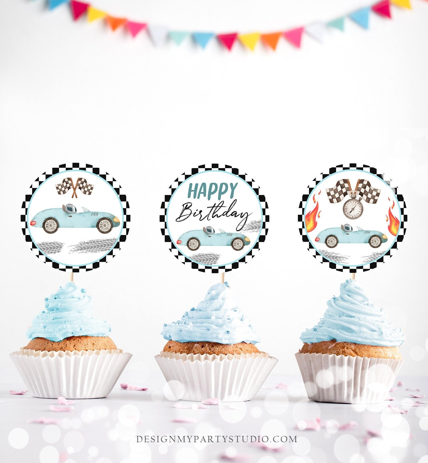 Racing Car Birthday Cupcake Toppers Vintage Race Car Blue Boy Growing Up Two Fast Two Favor Tag Stickers Instant Download PRINTABLE 0424