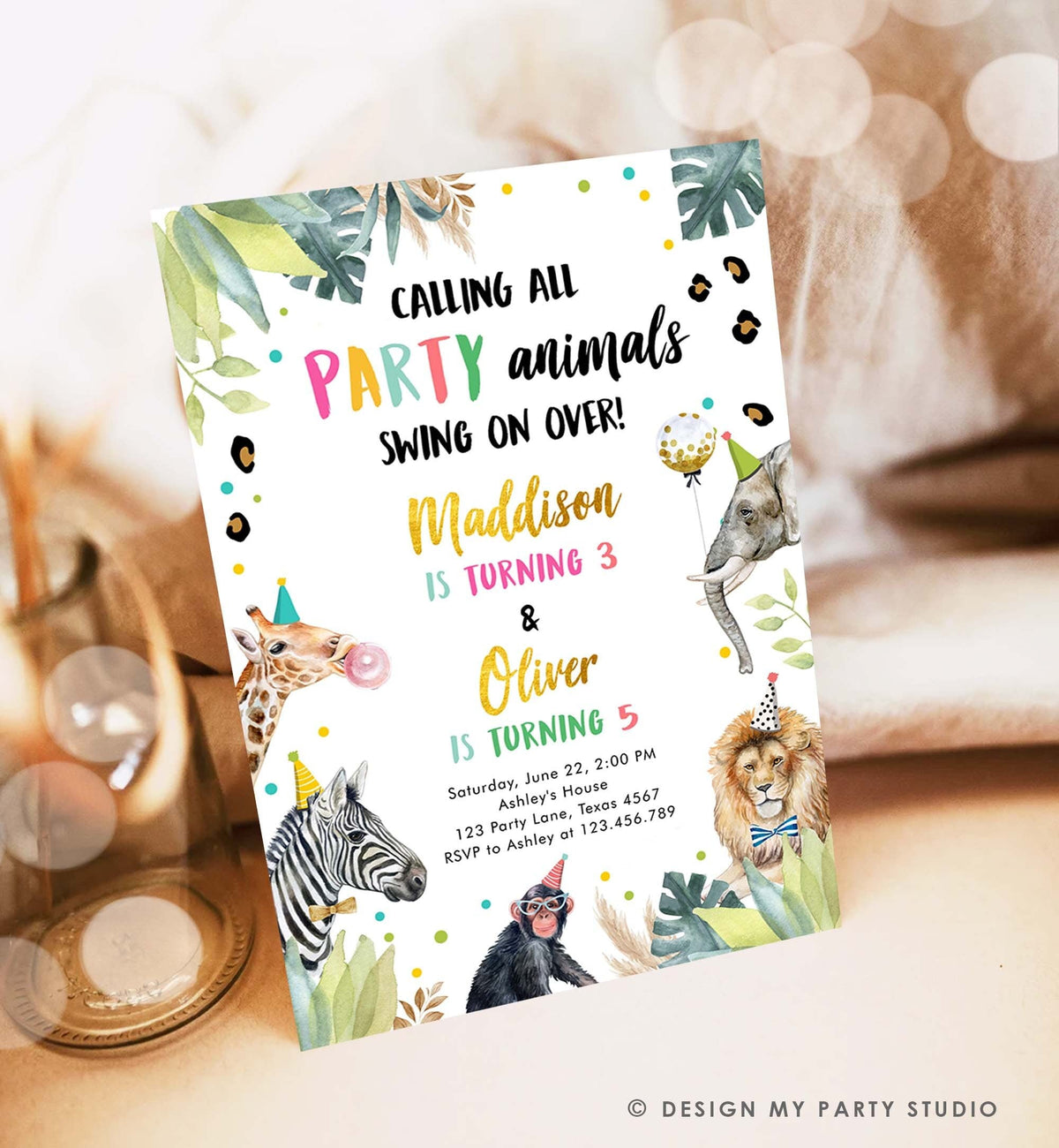 Editable Party Animals Joint Birthday Invitation Wild One Zoo Safari Animals Girl Boy Siblings Twins Download Corjl Template Printable 0417