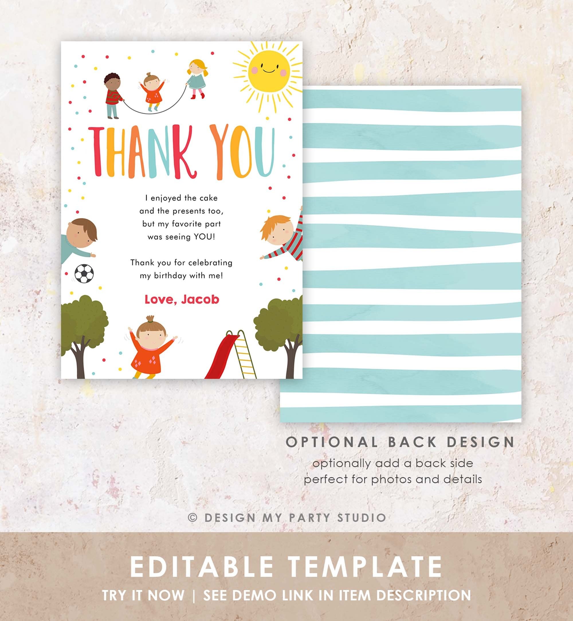 Editable Playground Thank You Card Birthday Boy In the Park Party Climb Slide and Play Download Printable Corjl Template Digital 0327