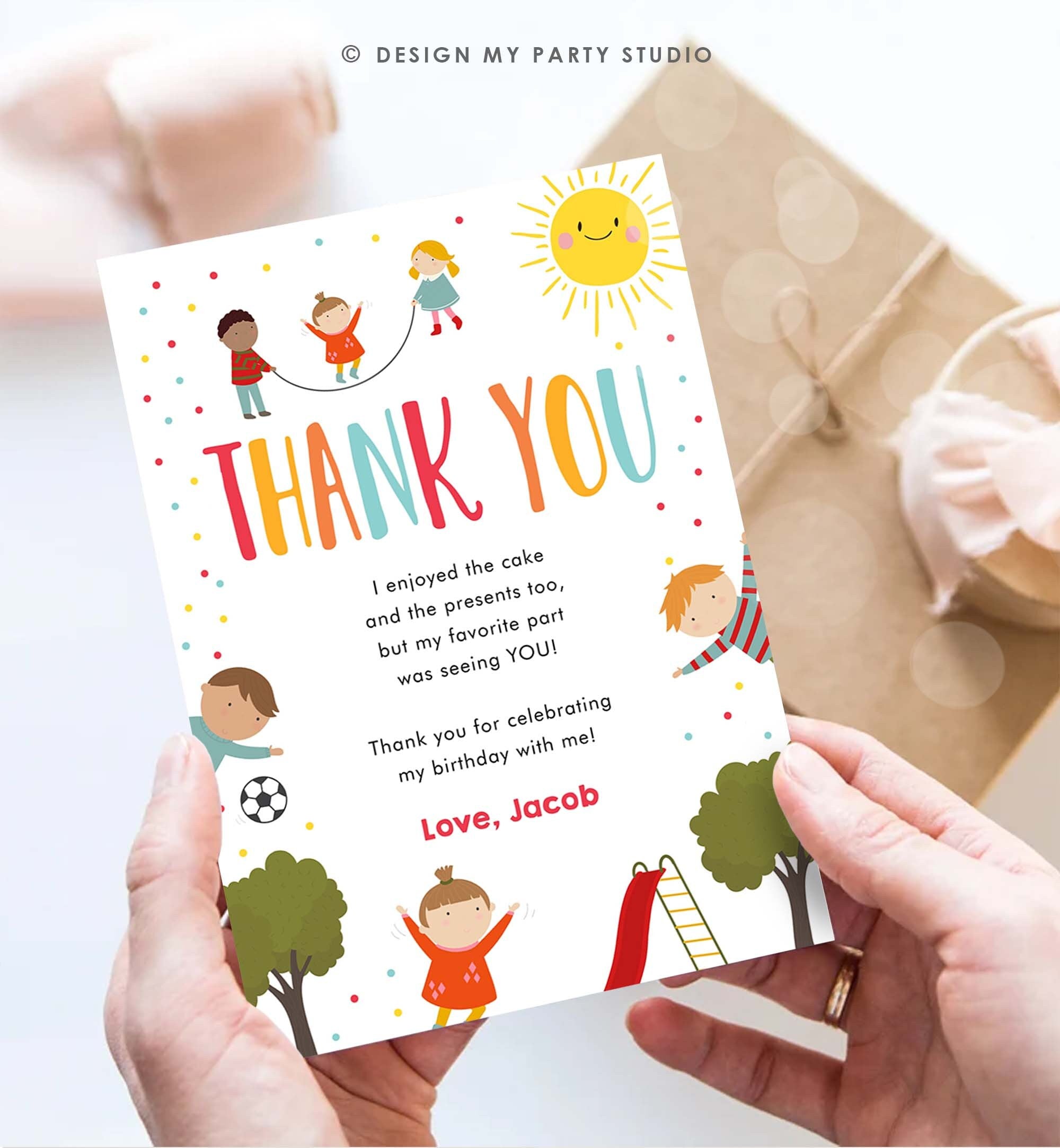 Editable Playground Thank You Card Birthday Boy In the Park Party Climb Slide and Play Download Printable Corjl Template Digital 0327