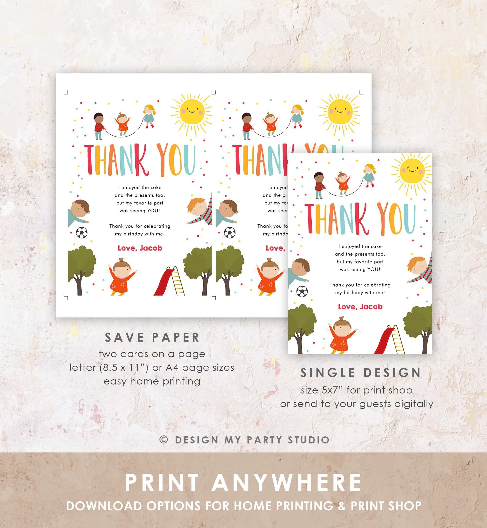 Editable Playground Thank You Card Birthday Boy In the Park Party Climb Slide and Play Download Printable Corjl Template Digital 0327