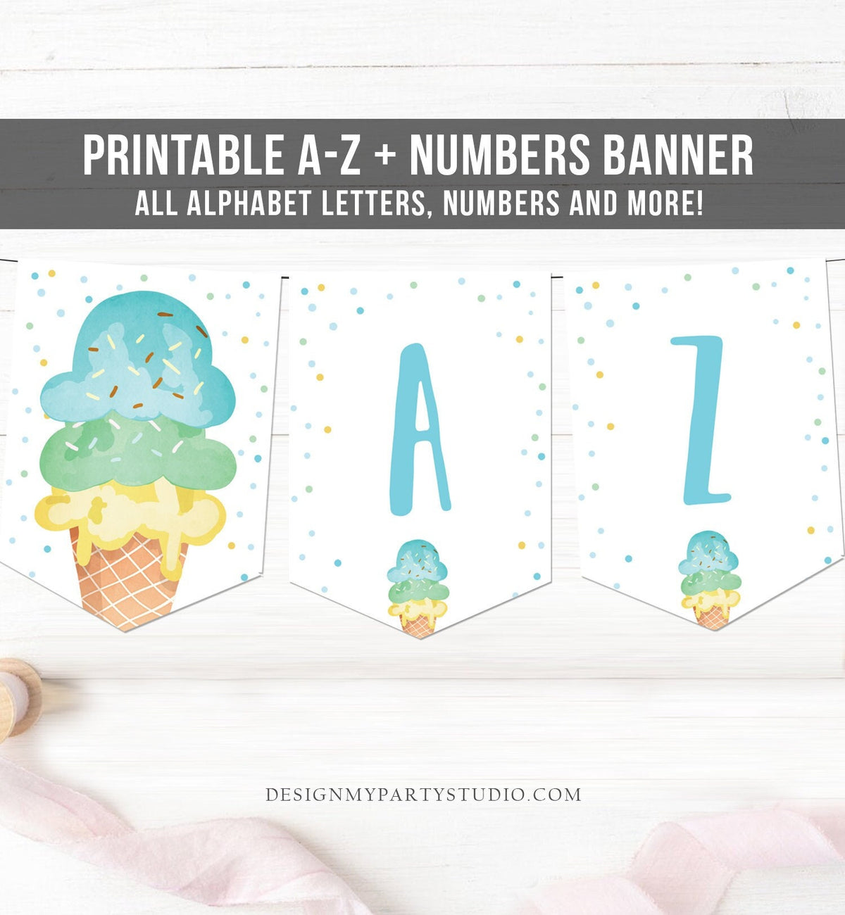 Ice Cream Birthday Banner A-Z Alphabet Numbers Banner First Happy Birthday Banner Boy Blue Mint Gold Two Sweet Confetti Decor Printable 0243