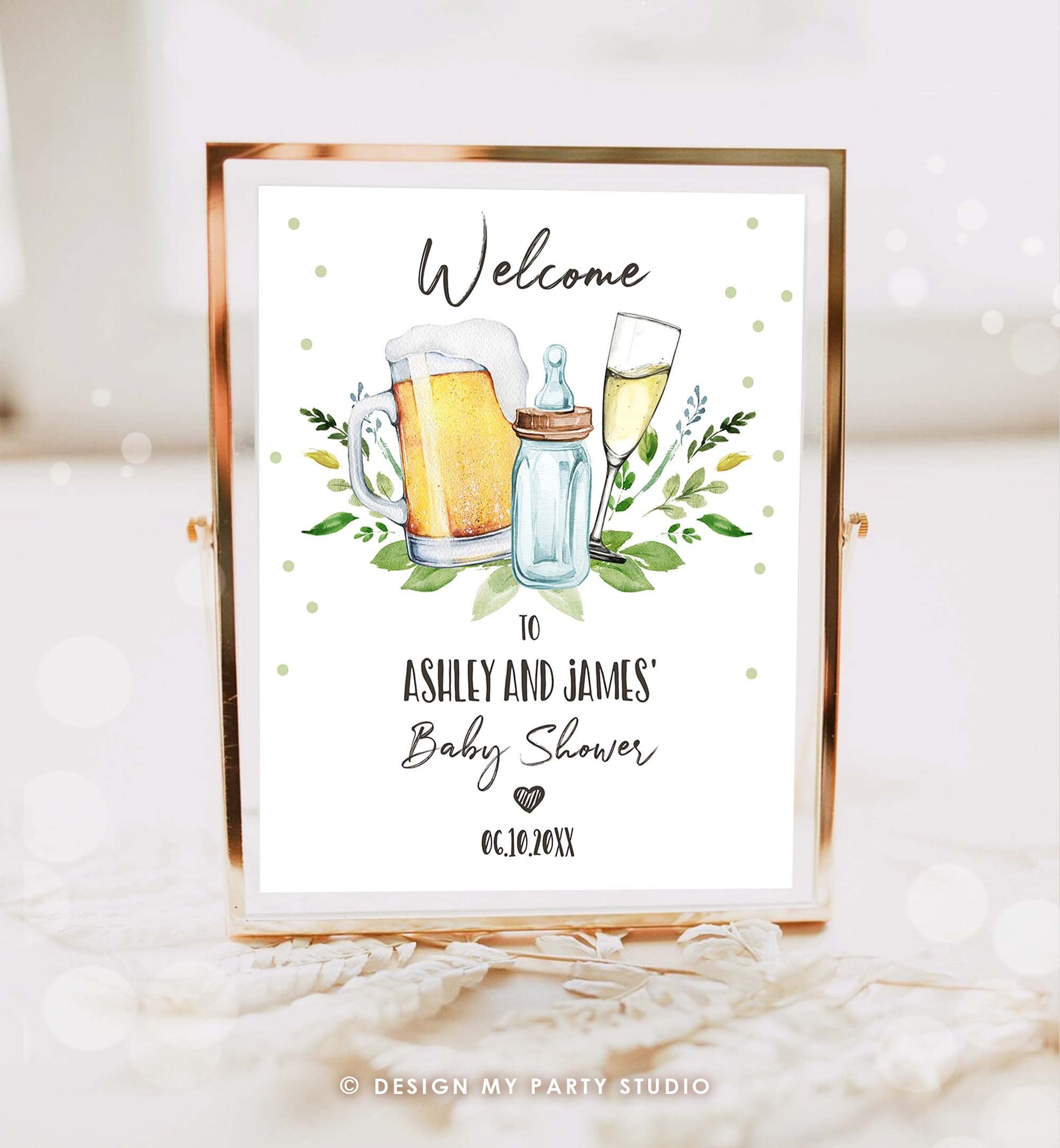 Editable A Baby is Brewing Welcome Sign Brewing Baby Shower Bottle and Beers Champagne Cheers Coed Couples Shower Corjl Template 0190