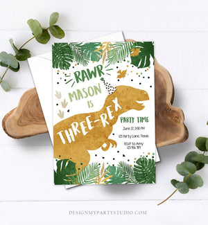 Editable Three-Rex Dinosaur Birthday Invitation Dino T-Rex Third Birthday 3rd Rawr Boy Green Gold Prehistoric Printable Corjl Template 0146