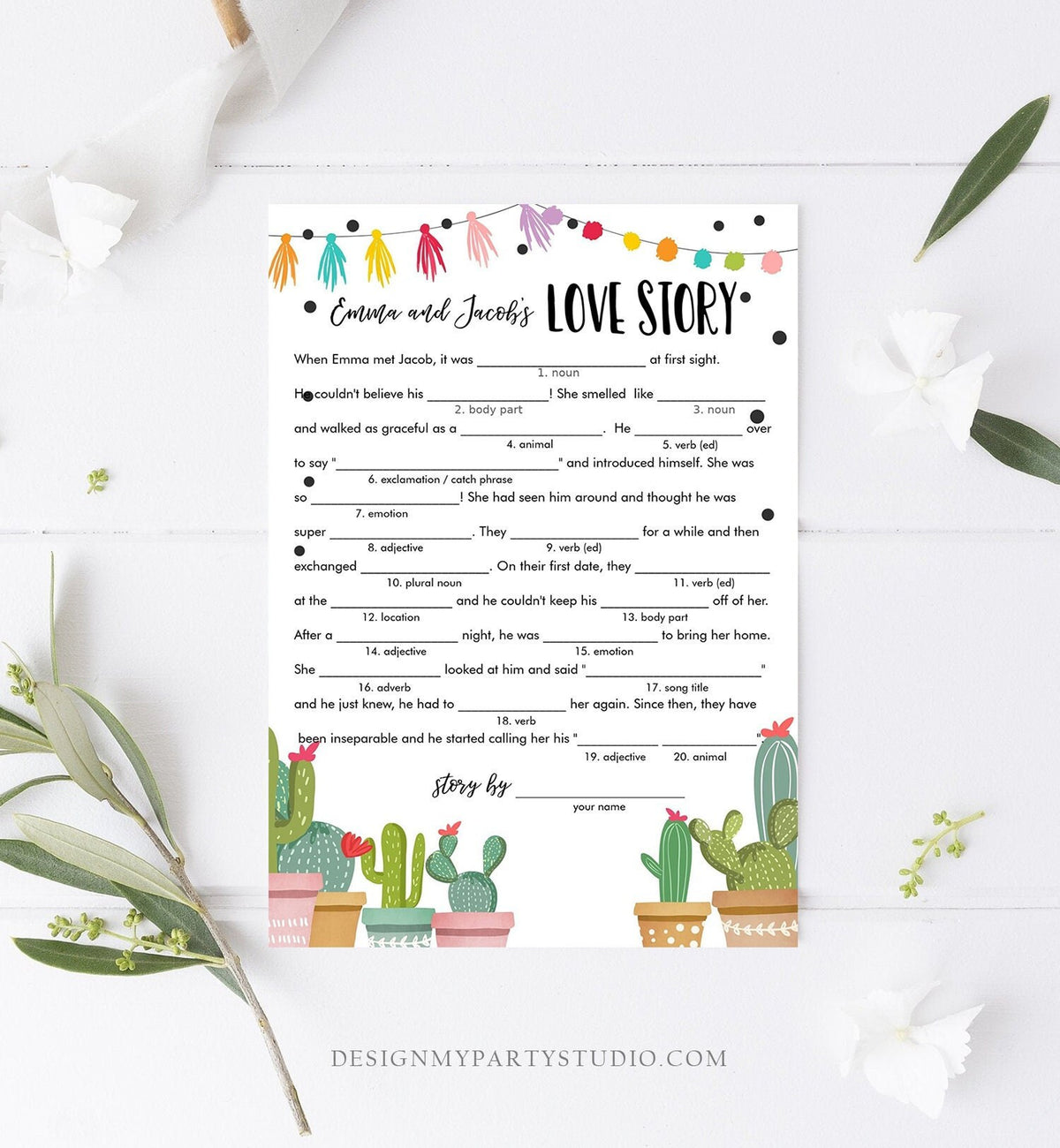 Editable Love Story Bridal Shower Game Funny Cactus Fiesta Mexican Coed Shower Succulent Wedding Activity Corjl Template Printable 0254