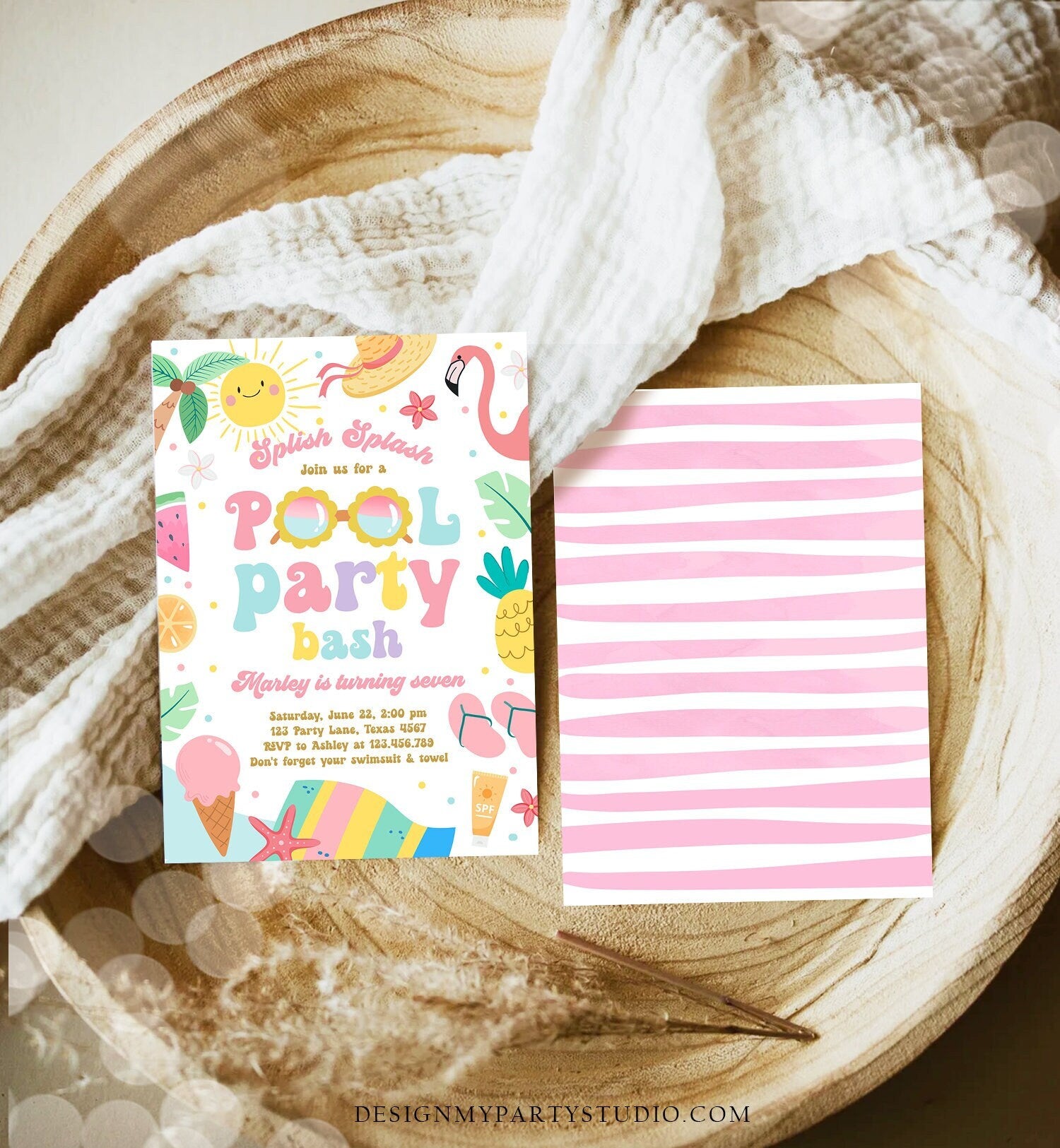 Editable Splish Splash Birthday Invitation Pool Party Girl Pool Party Bash Summer Swimming Download Printable Invite Template Evite 0465