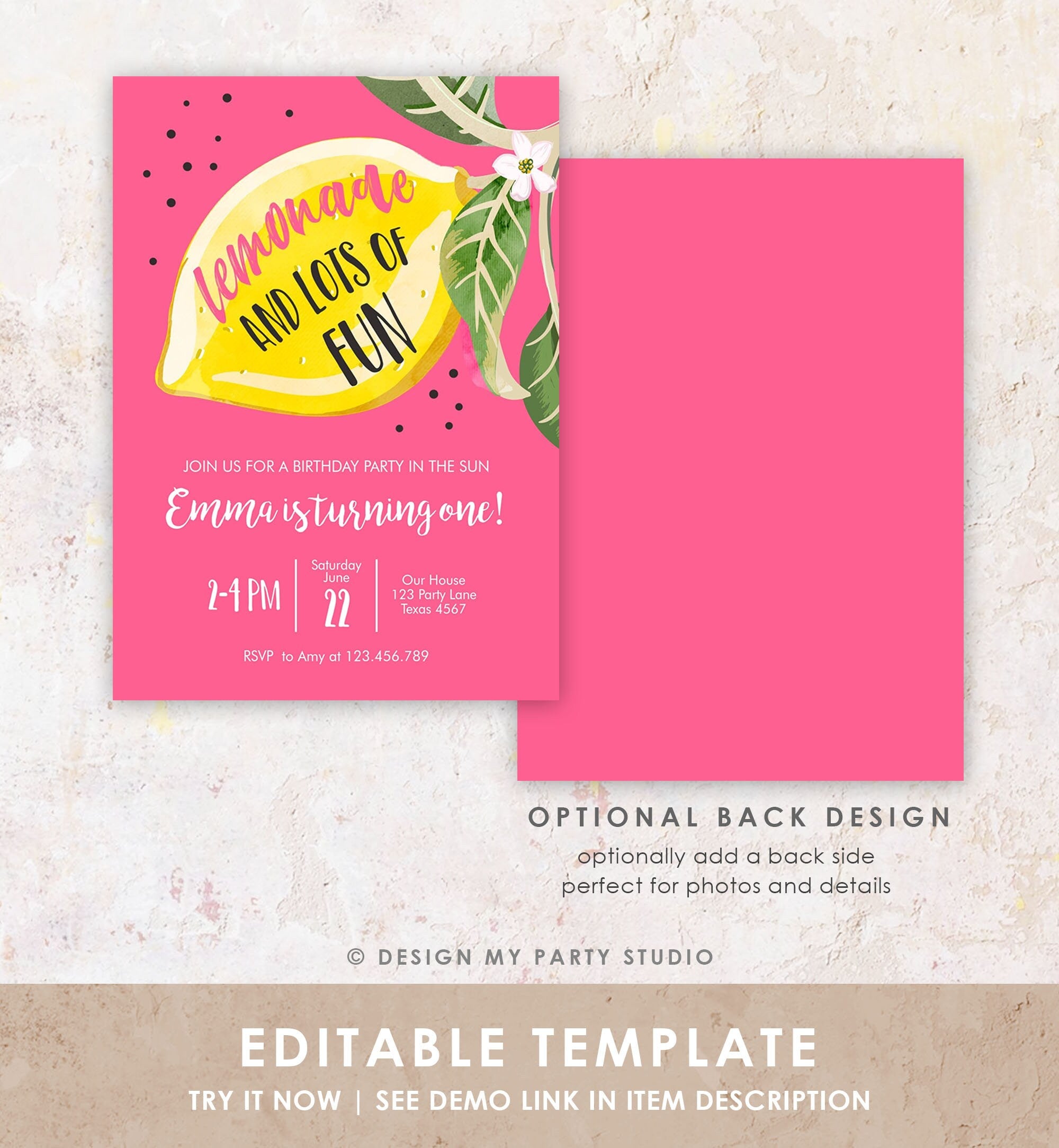 Editable Lemon Birthday Invitation Sunshine Lemonade and Fun Girl First Birthday Party Pink Sweet 1st Citrus Digital Template Printable 0307