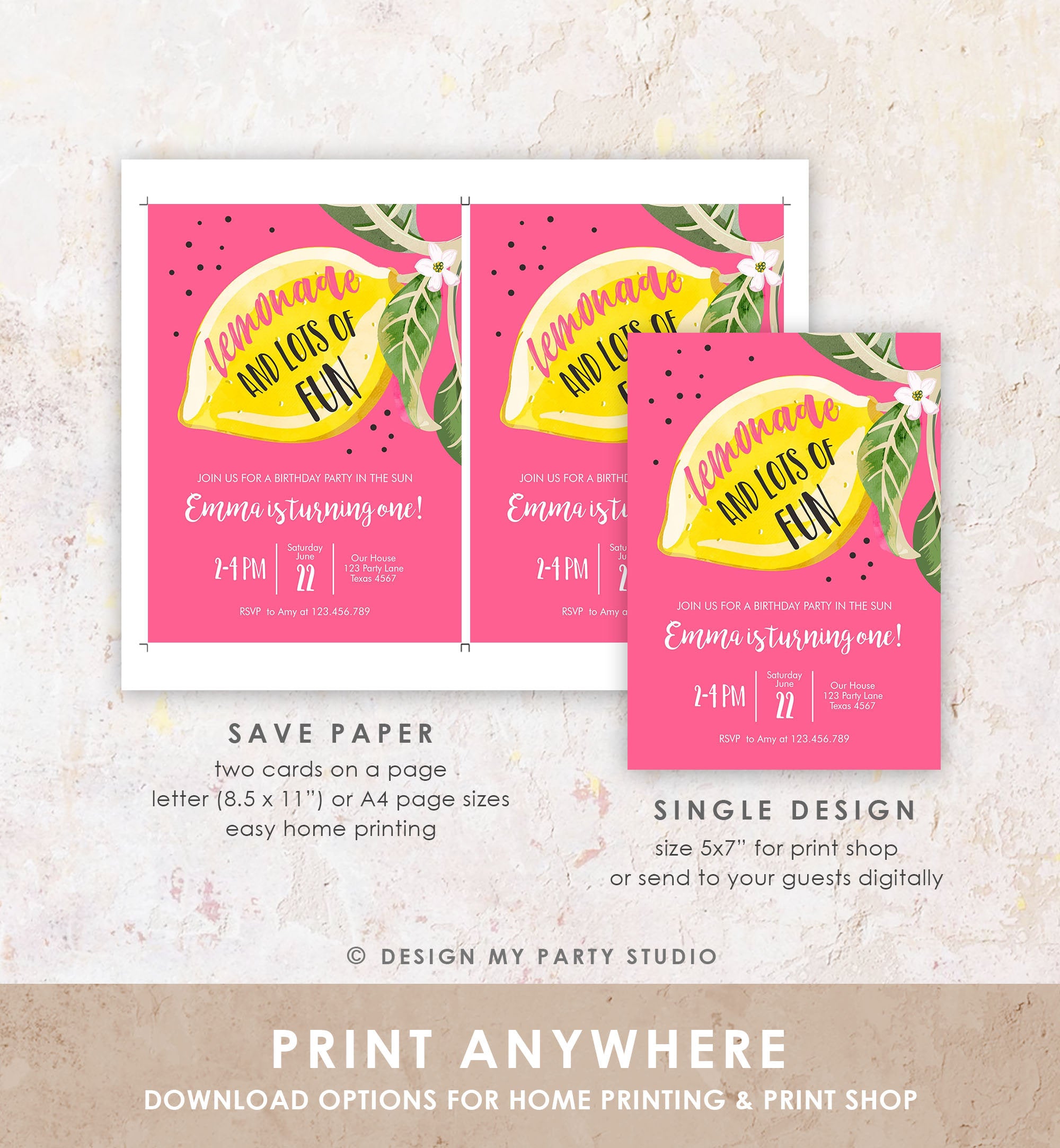 Editable Lemon Birthday Invitation Sunshine Lemonade and Fun Girl First Birthday Party Pink Sweet 1st Citrus Digital Template Printable 0307