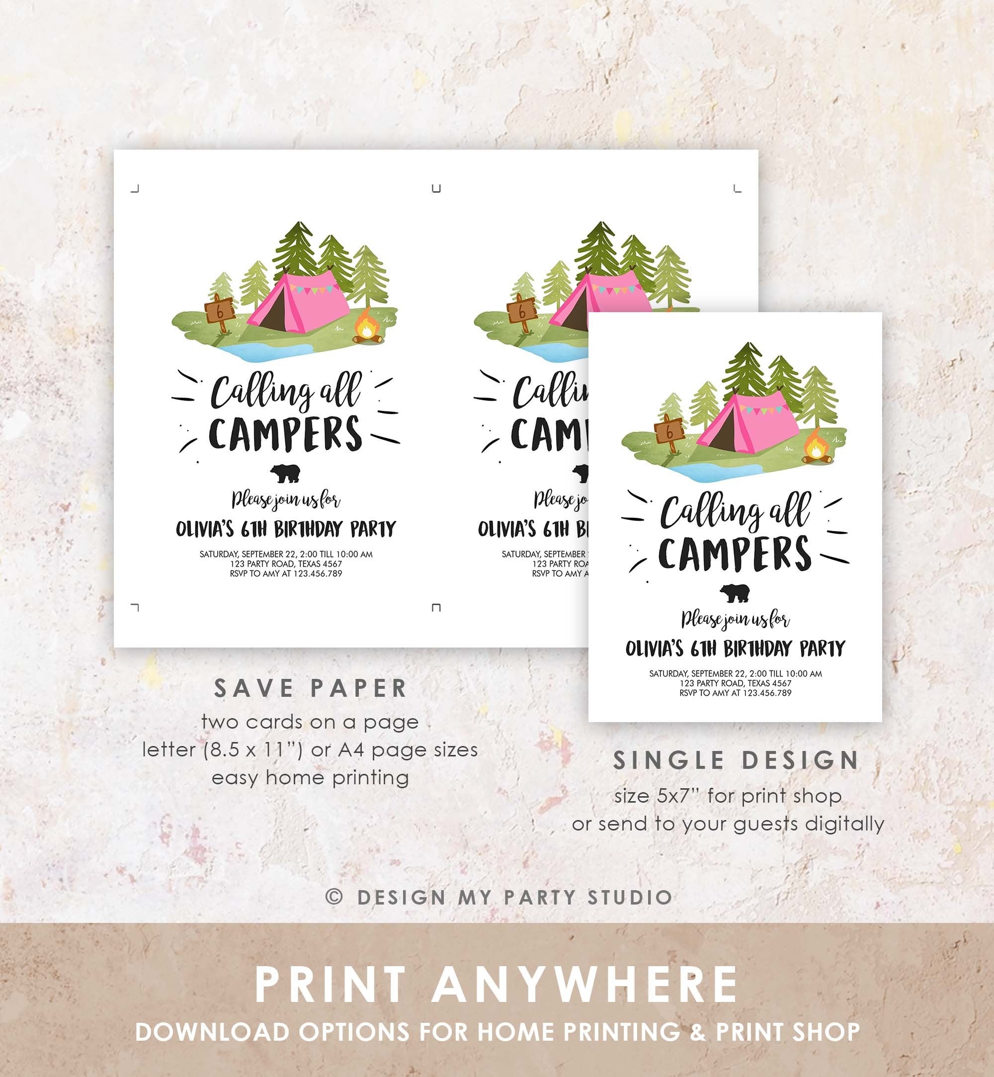 Editable Glamping Party Invitation Camp Out Birthday Invite Bonfire Outdoor Camping Tent Girl Pink Download Printable Template Corjl 0302