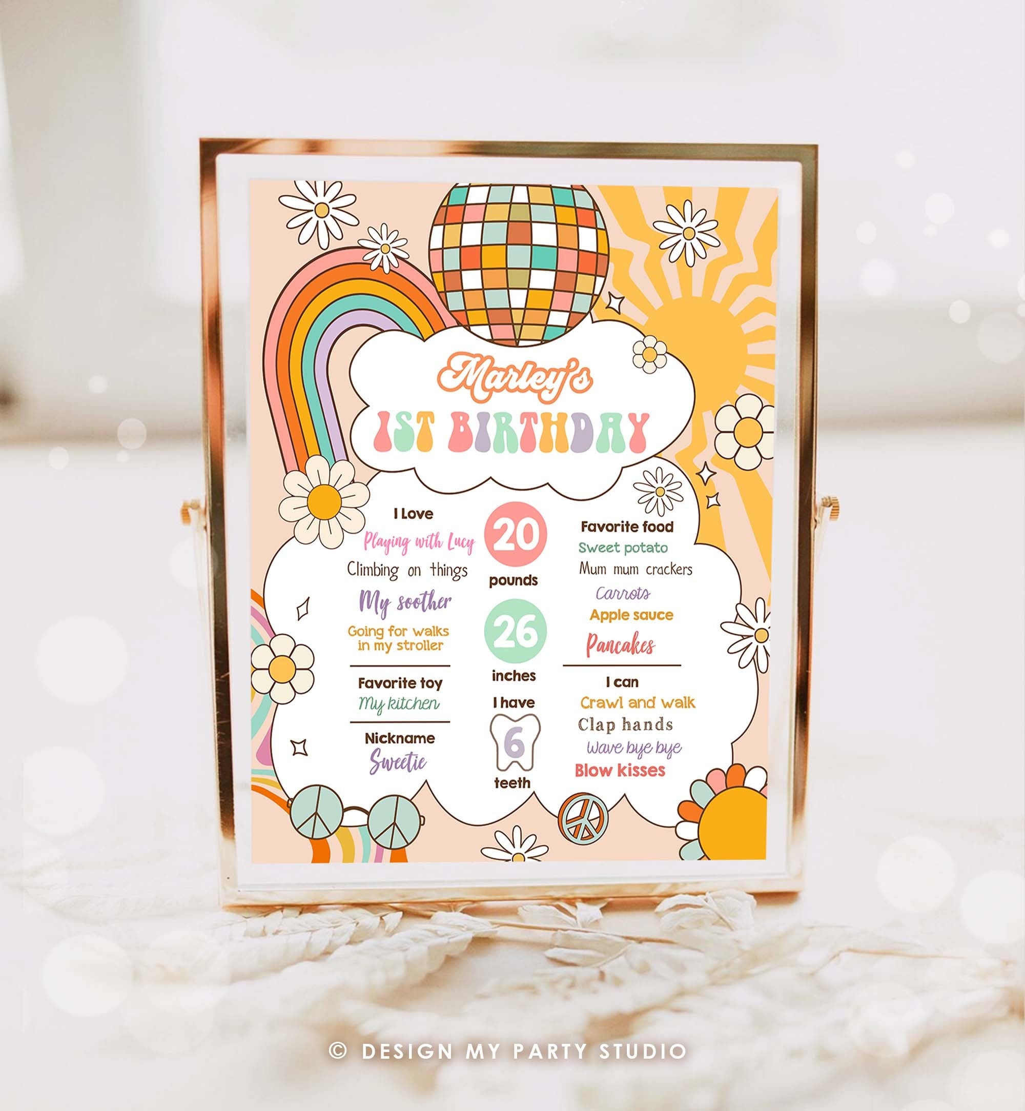 Editable Retro Groovy Birthday Milestones Sign Girl 1st First Birthday Hippie Flower Power 70's Boho Download Corjl Template Printable 0459