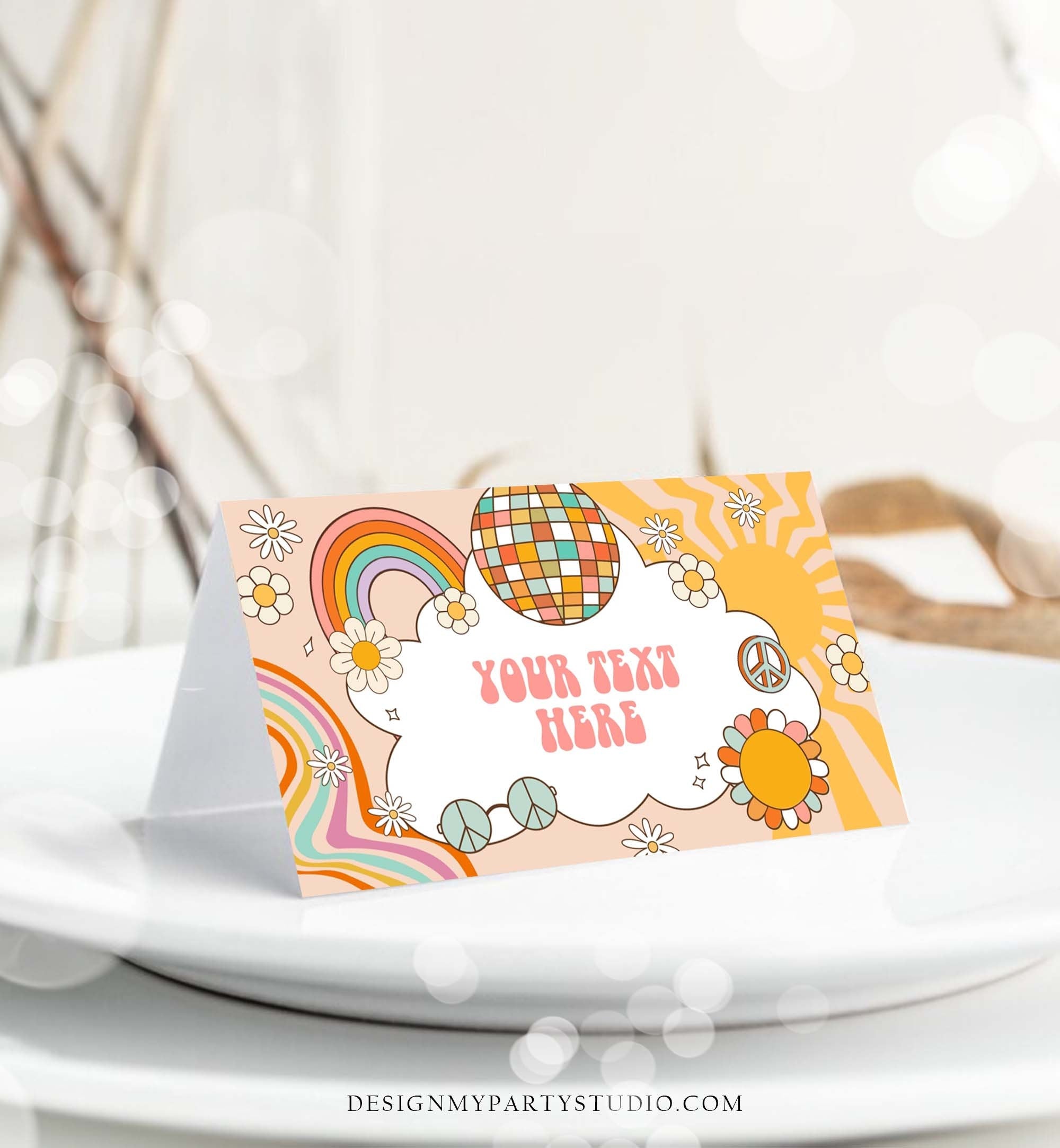 Editable Retro Groovy Food Labels Boho Birthday Place Card Tent Card Buffet Card Girl Hippie Flower Power Decor Corjl Template 0459