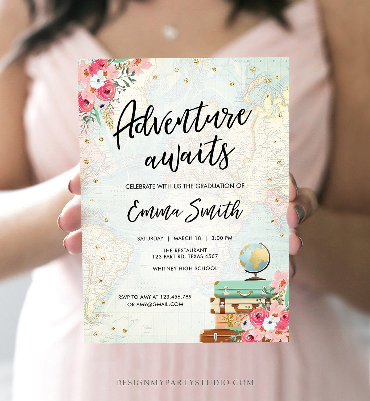 Editable Adventure Awaits Graduation Party Invitation Vintage Travel Around the World Pink Gold High School Grad College Evite Template 0030