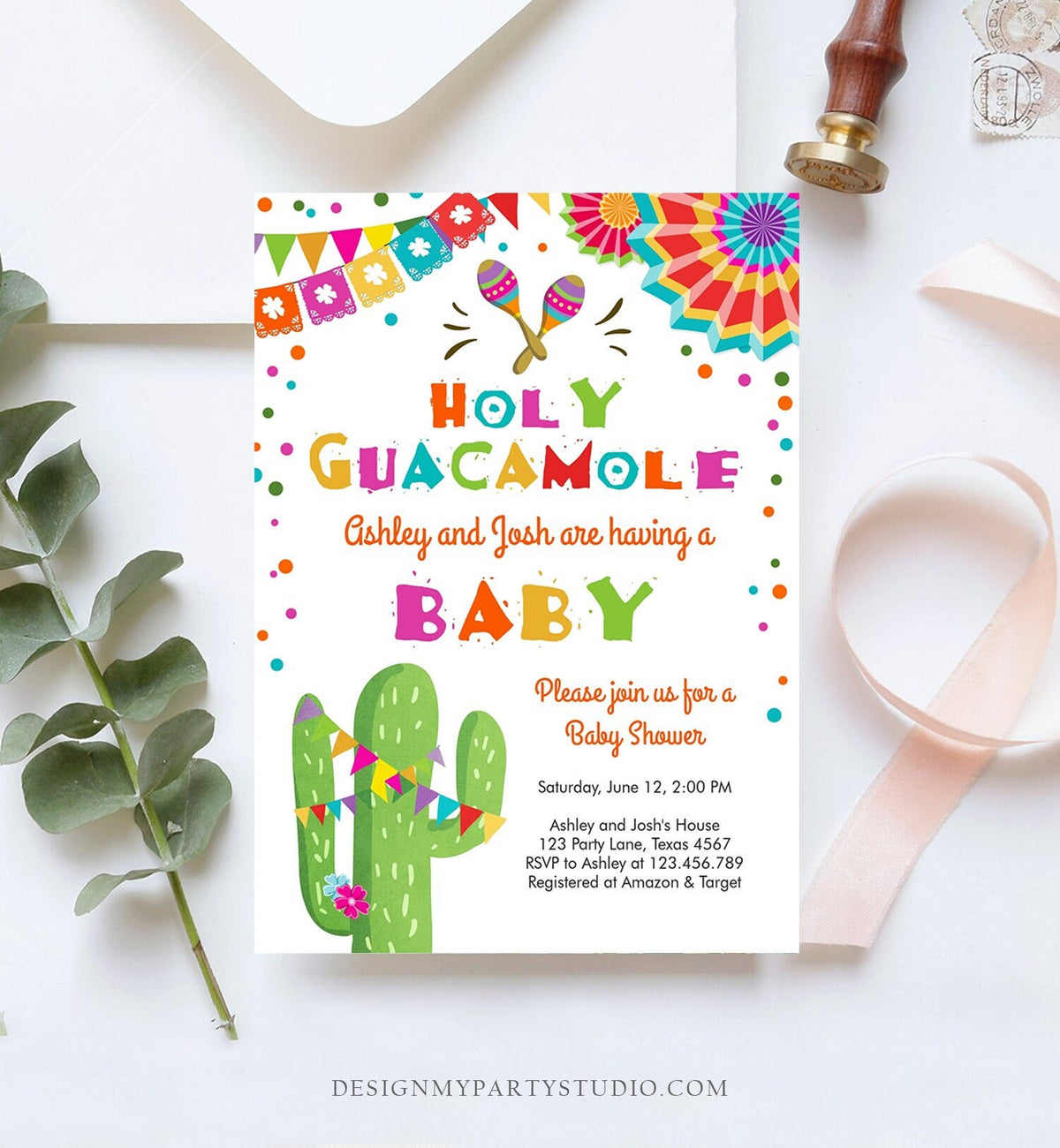 Editable Holy Guacamole Fiesta Baby Shower Invitation Cactus Succulent Little Señor Senorita on the Way Digital Template Printable 0045