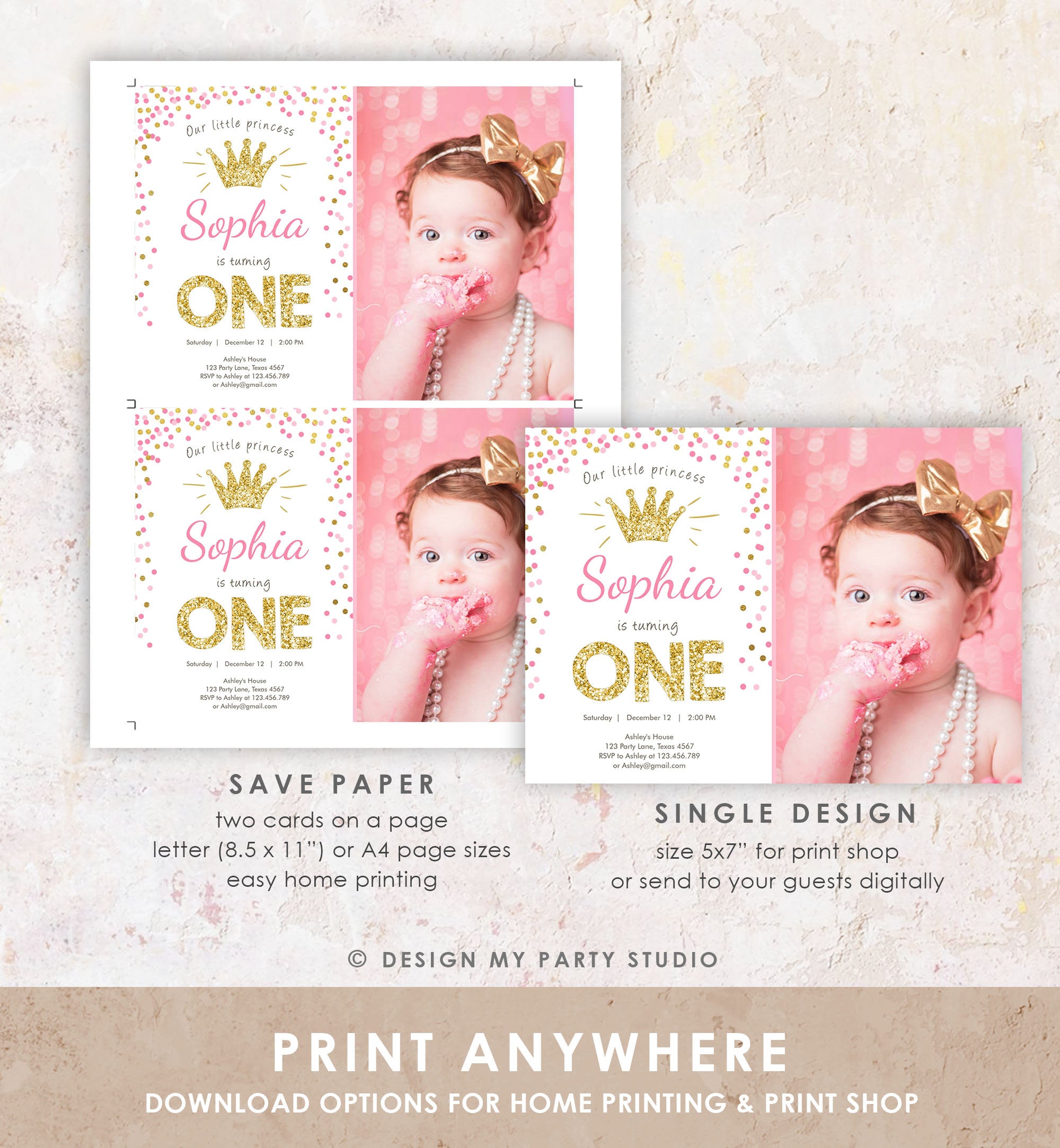 Editable Little Princess Birthday Invitation Girl Pink Gold First Birthday 1st ANY AGE Confetti Crown Download Evite Template Printable 0047