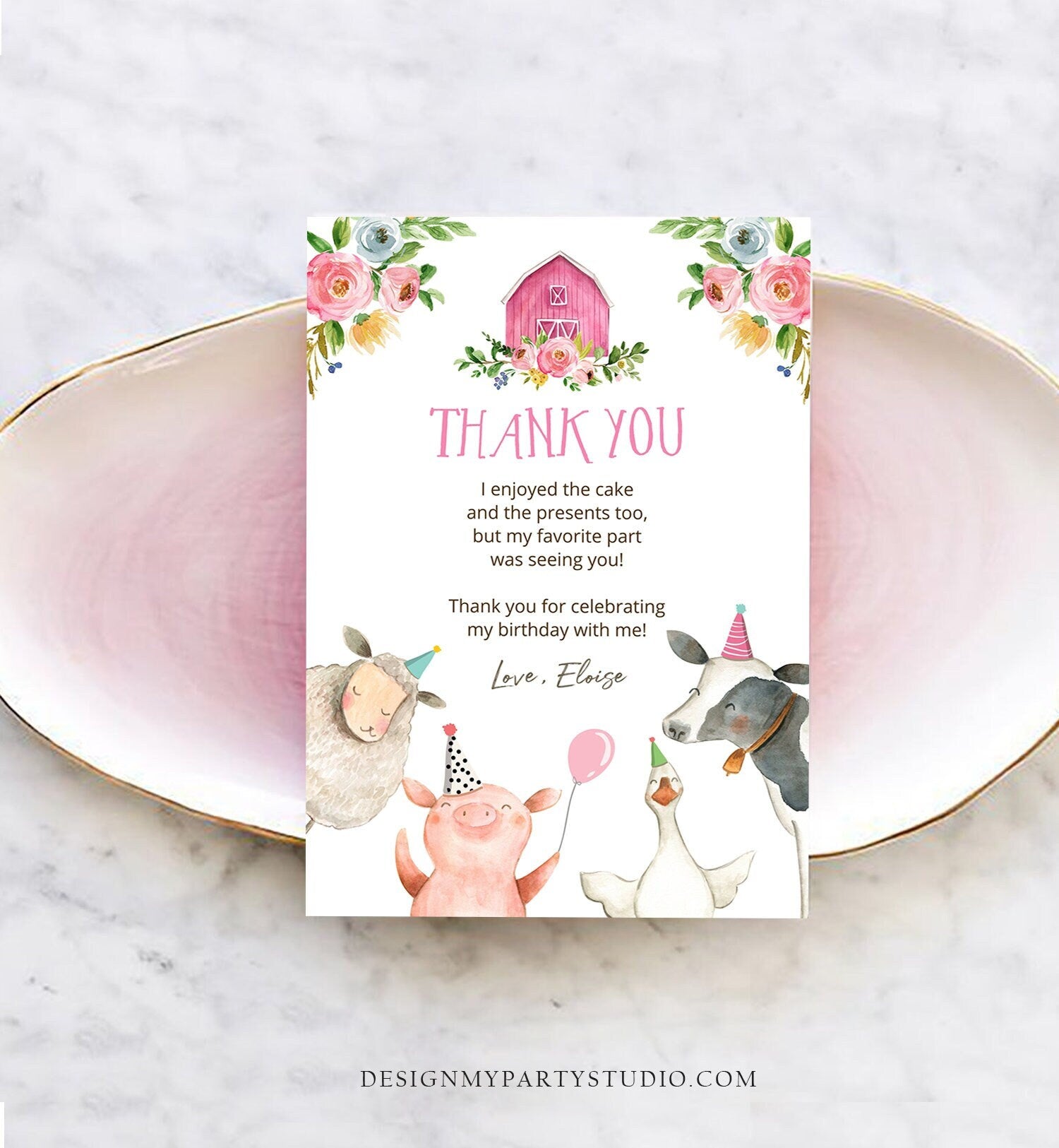 Editable Farm Animals Thank You Card Note Pink Gingham Girl Barnyard Party Party Animals Digital Download Template Printable 0155