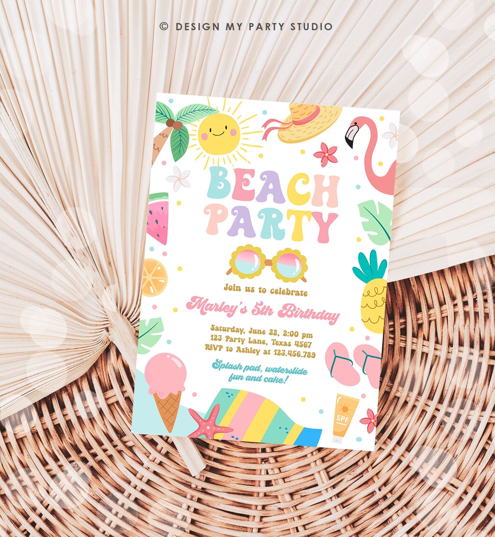 Editable Beach Birthday Invitation Tropical Pool Party Girl Summer Party Waterslide Splish Splash Pink Download Invite Template Corjl 0465