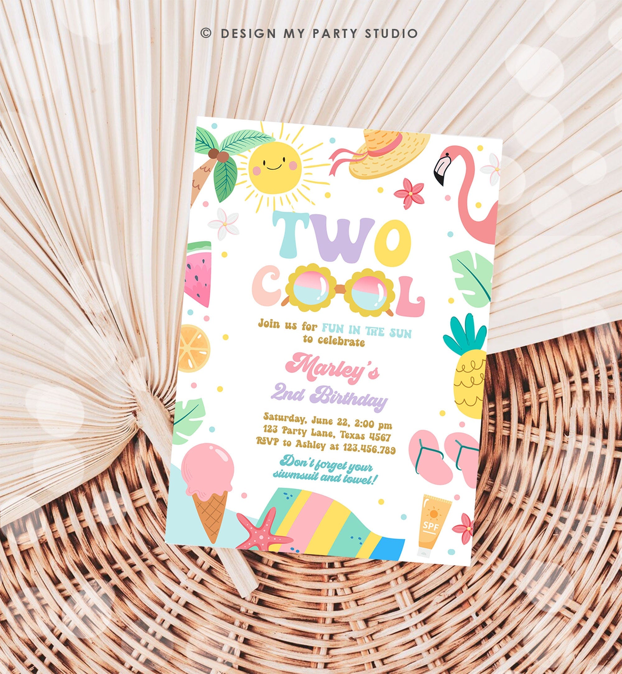 Editable Two Cool Birthday Invitation Tropical Pool Party Girl Summer Party Splish Splash Pool Party Pink Download Template Corjl 0465