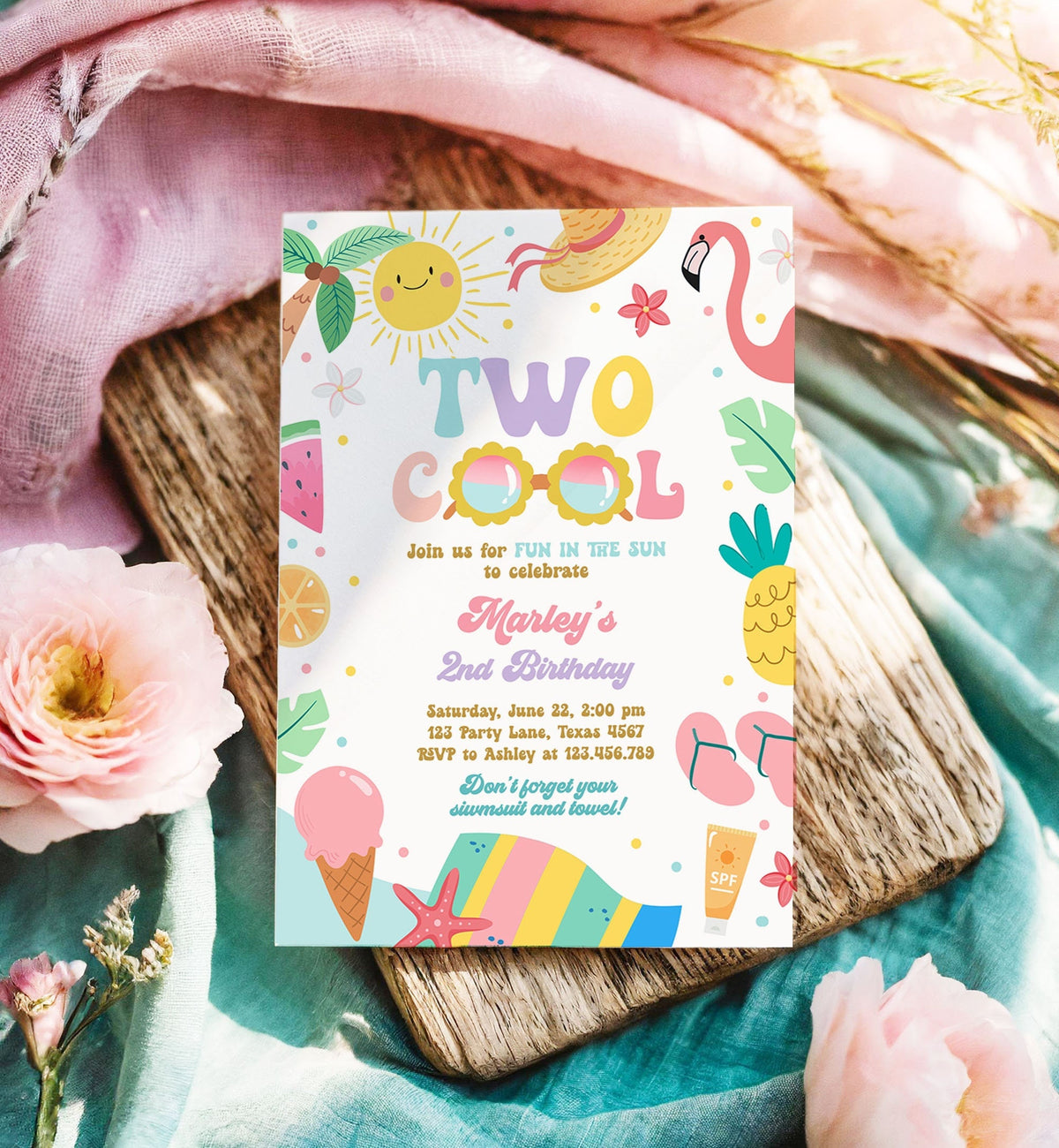 Editable Two Cool Birthday Invitation Tropical Pool Party Girl Summer Party Splish Splash Pool Party Pink Download Template Corjl 0465