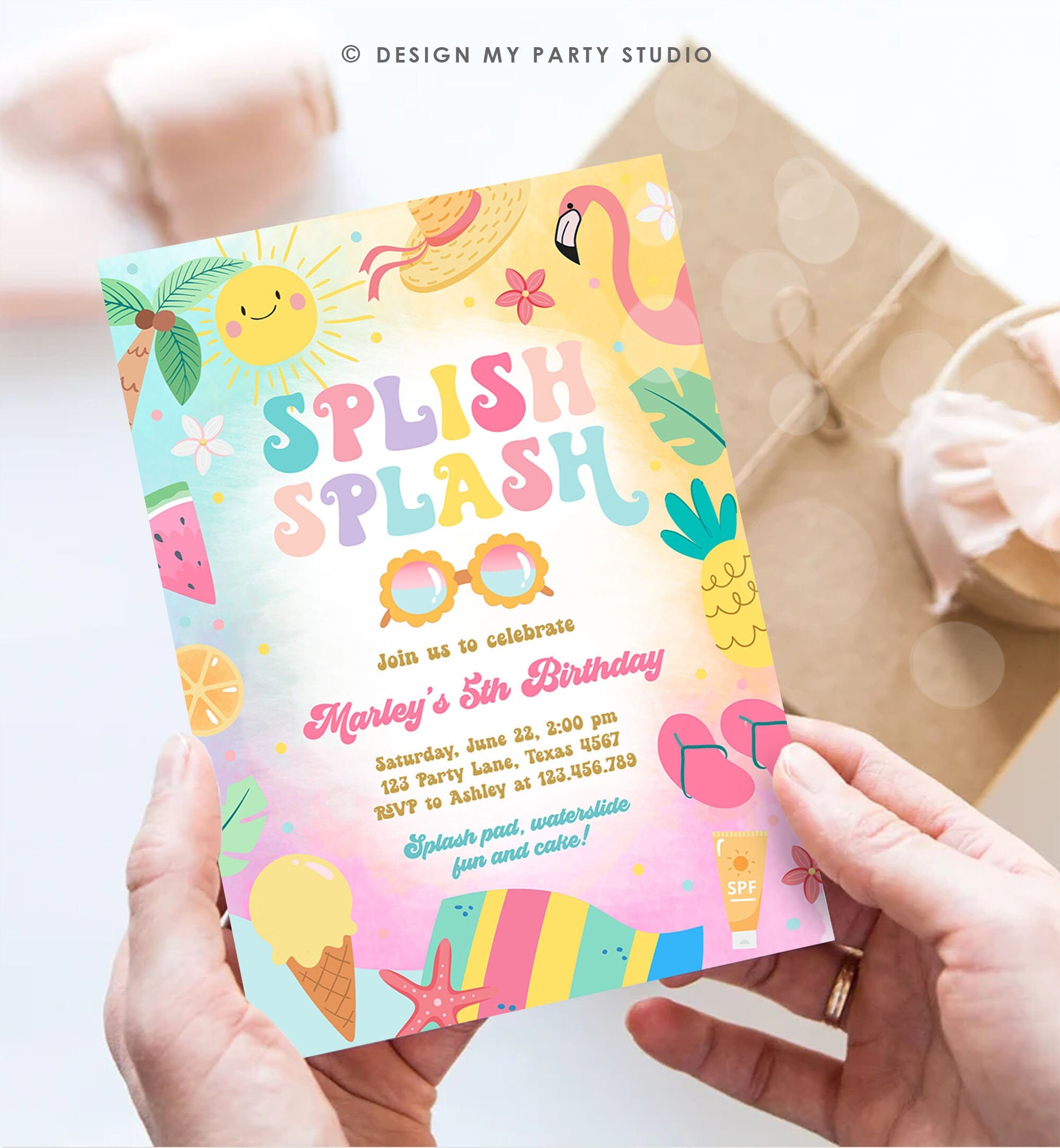 Editable Splish Splash Birthday Invitation Pool Party Girl Summer Waterslide Water Party Pink Download Printable Invite Template Corjl 0465