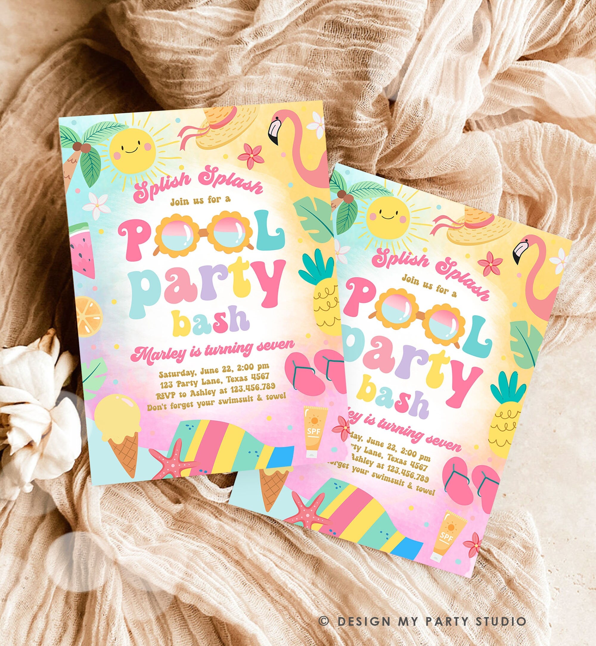 Editable Pool Party Birthday Invitation Splish Splash Girl Pool Party Bash Summer Waterslide Digital Download Evite Template Printable 0465