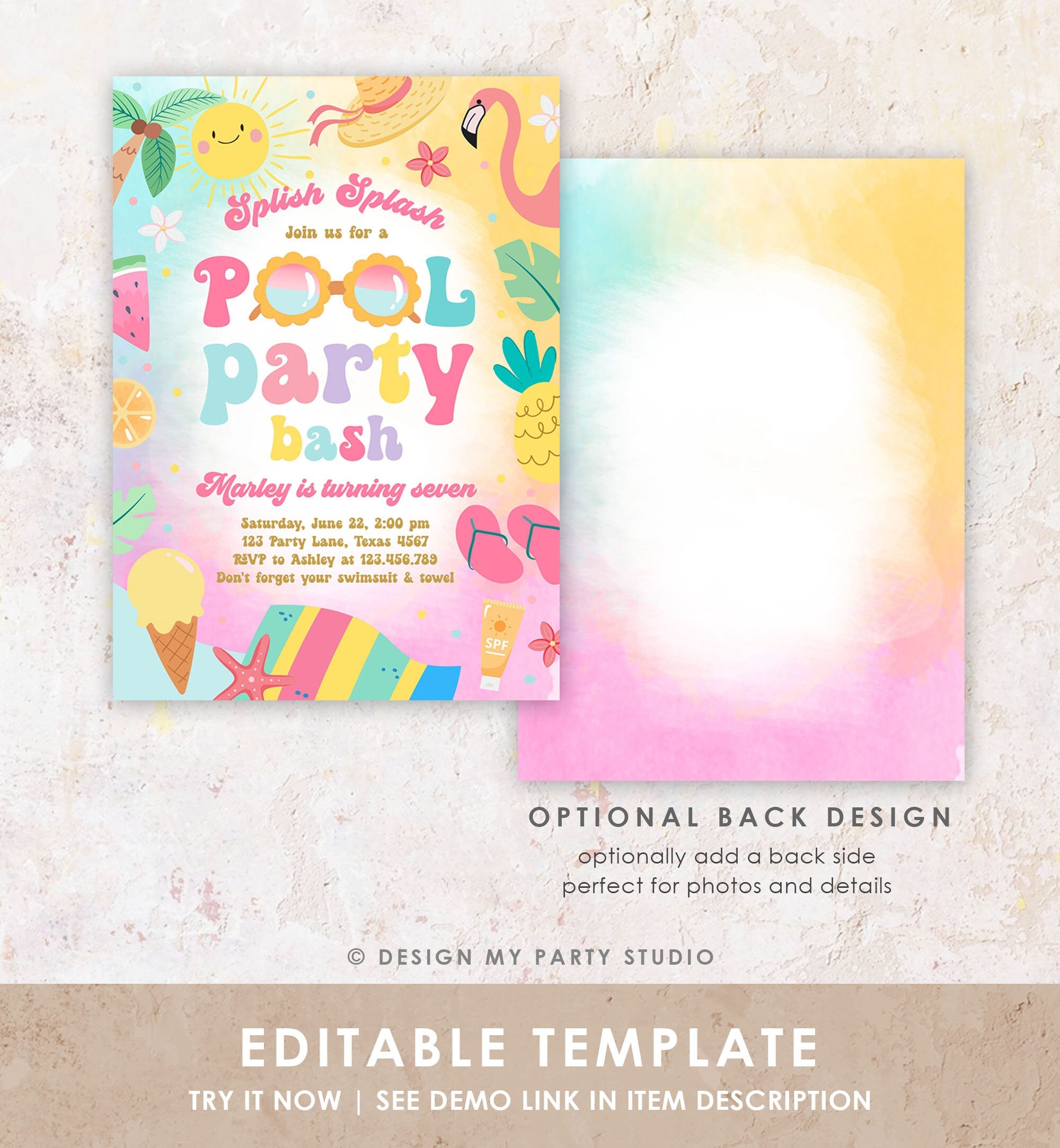 Editable Pool Party Birthday Invitation Splish Splash Girl Pool Party Bash Summer Waterslide Digital Download Evite Template Printable 0465