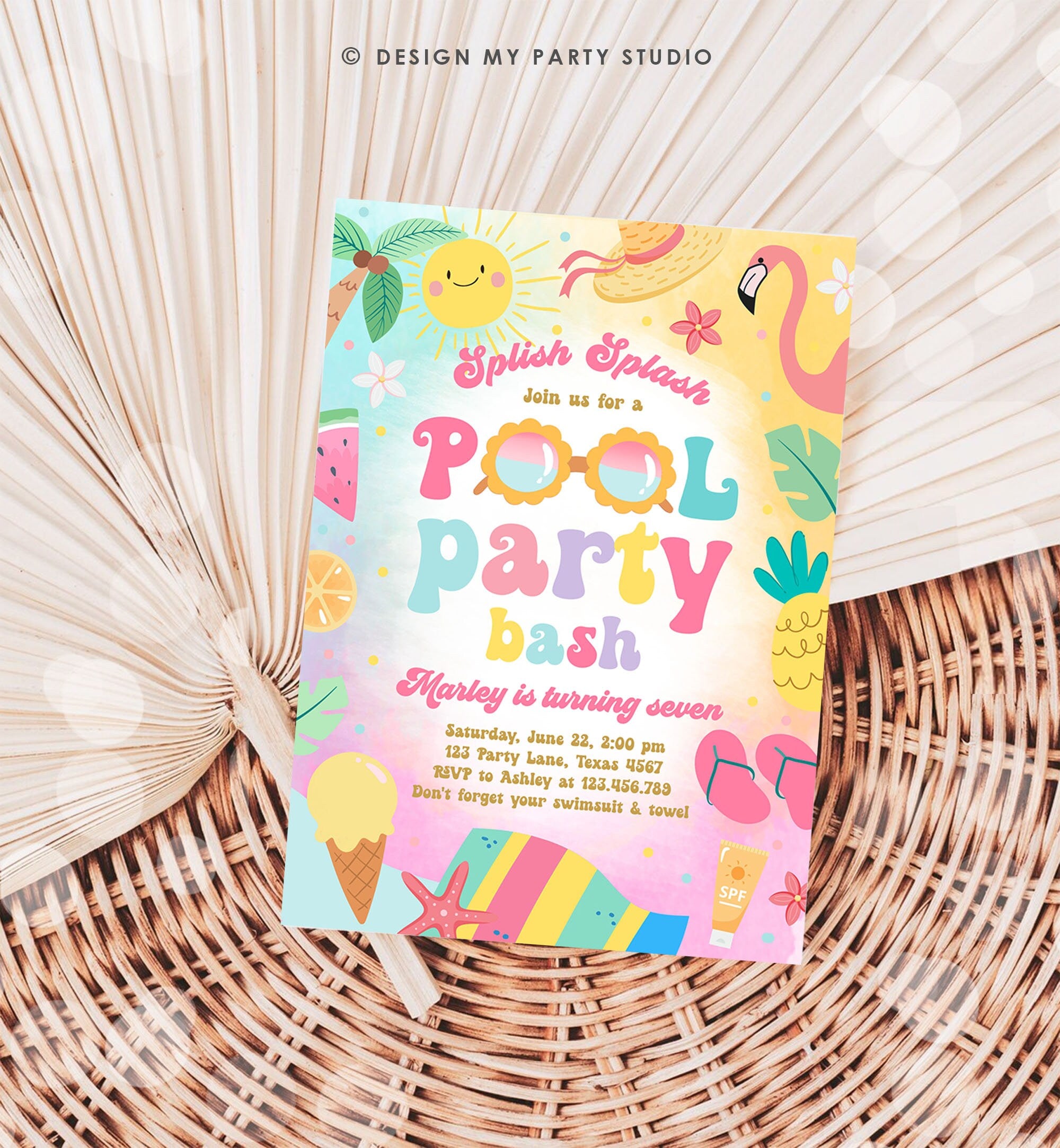 Editable Pool Party Birthday Invitation Splish Splash Girl Pool Party Bash Summer Waterslide Digital Download Evite Template Printable 0465