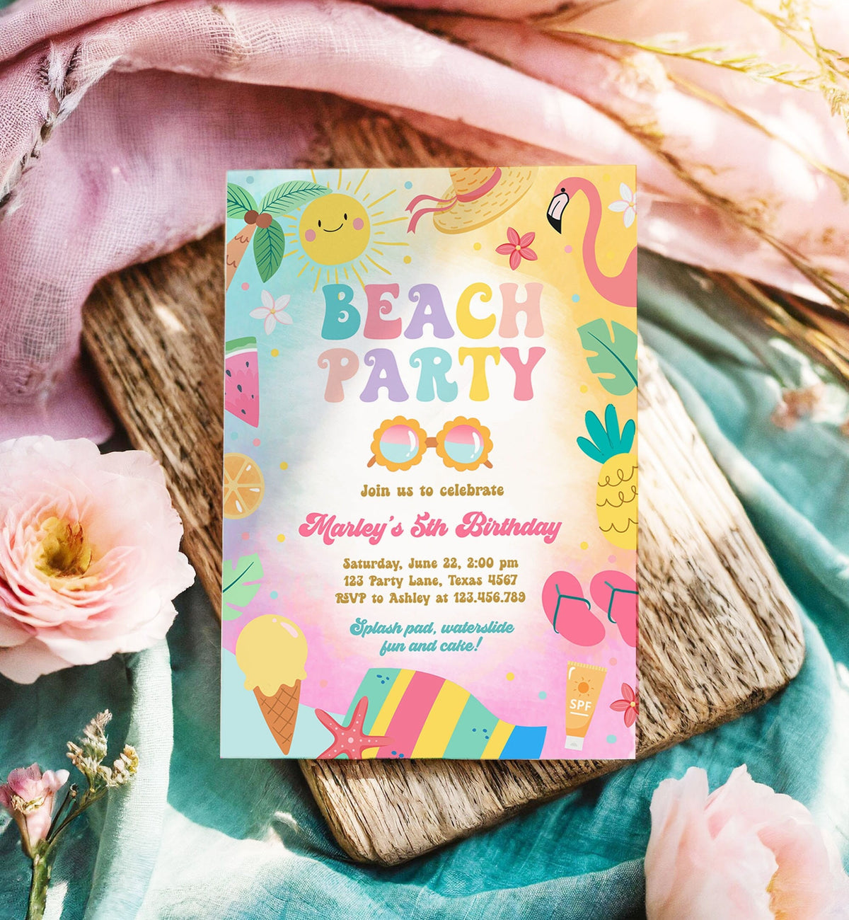 Editable Beach Birthday Invitation Tropical Pool Party Girl Summer Party Waterslide Splish Splash Pink Download Invite Template Corjl 0465