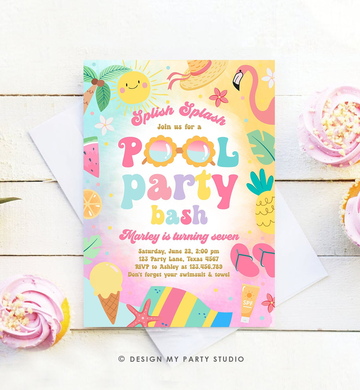 Editable Pool Party Birthday Invitation Splish Splash Girl Pool Party Bash Summer Waterslide Digital Download Evite Template Printable 0465