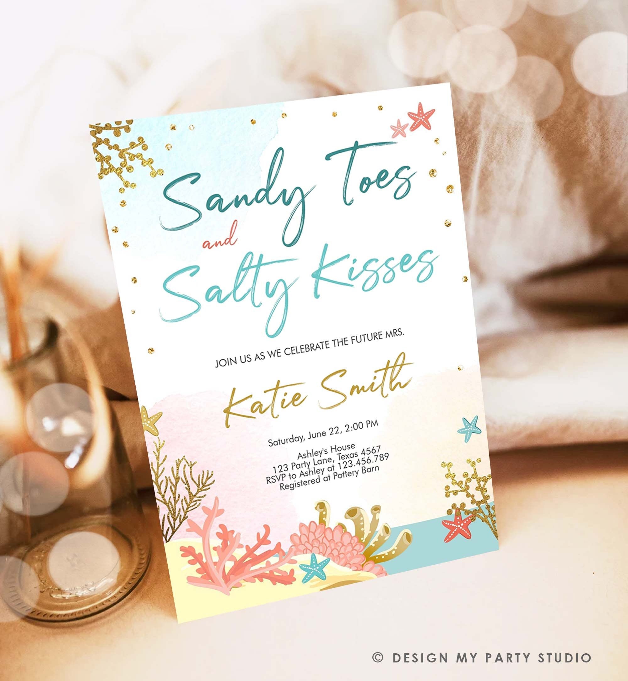 Editable Beach Theme Bridal Shower Invitation Sandy Toes and Salty Kisses Nautical Gold Coral Download Printable Template Corjl 0129