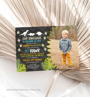 Editable Dinosaur Birthday Invitation Dino Dig Party Prehistoric Boy Chalk T-Rex Photo Digital Download Printable Template Corjl 0043