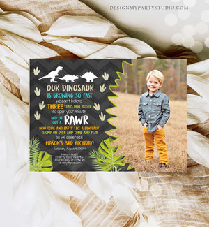 Editable Dinosaur Birthday Invitation Dino Dig Party Prehistoric Boy Chalk T-Rex Photo Digital Download Printable Template Corjl 0043