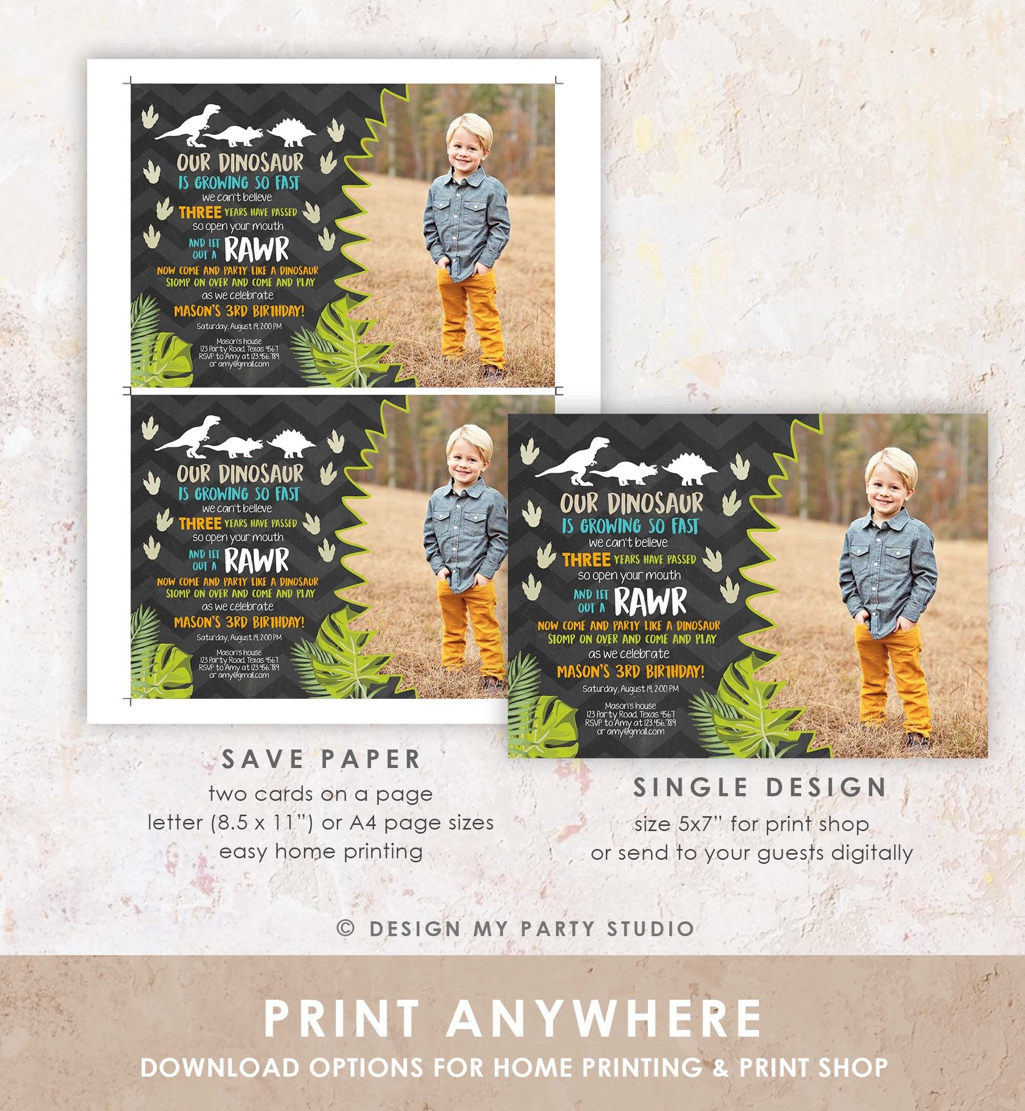 Editable Dinosaur Birthday Invitation Dino Dig Party Prehistoric Boy Chalk T-Rex Photo Digital Download Printable Template Corjl 0043