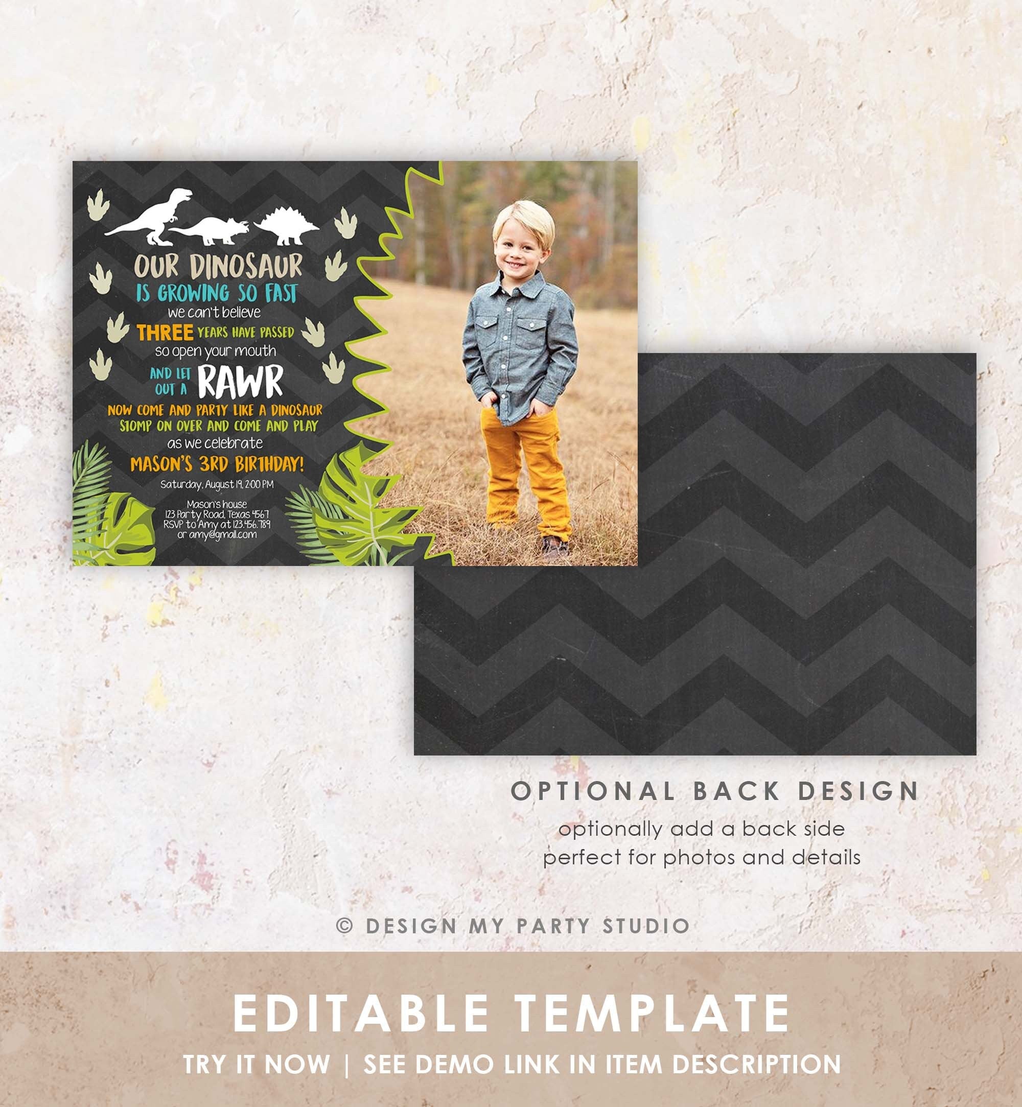 Editable Dinosaur Birthday Invitation Dino Dig Party Prehistoric Boy Chalk T-Rex Photo Digital Download Printable Template Corjl 0043