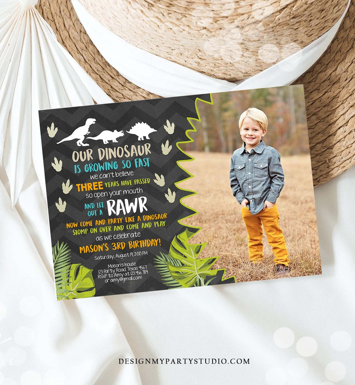 Editable Dinosaur Birthday Invitation Dino Dig Party Prehistoric Boy Chalk T-Rex Photo Digital Download Printable Template Corjl 0043