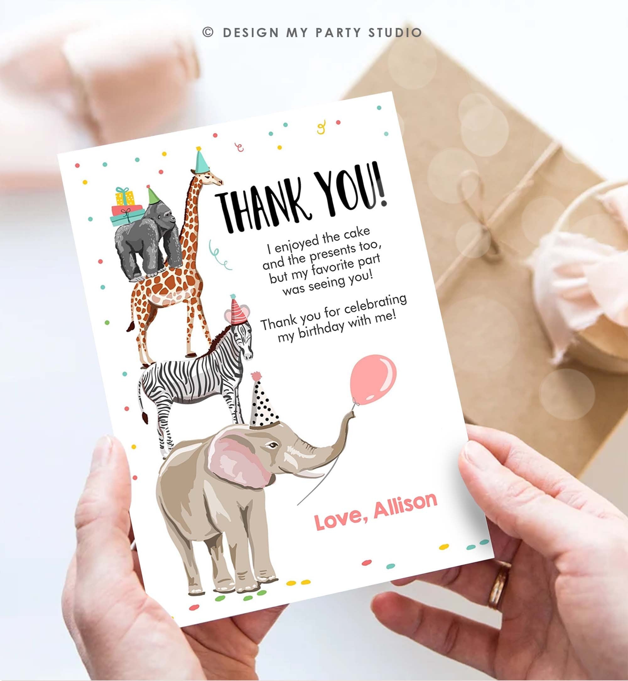 Editable Thank You Card Party Animals Thank you Note Wild Safari Animals Girl Jungle Zoo Download Printable Template Digital Corjl 0142