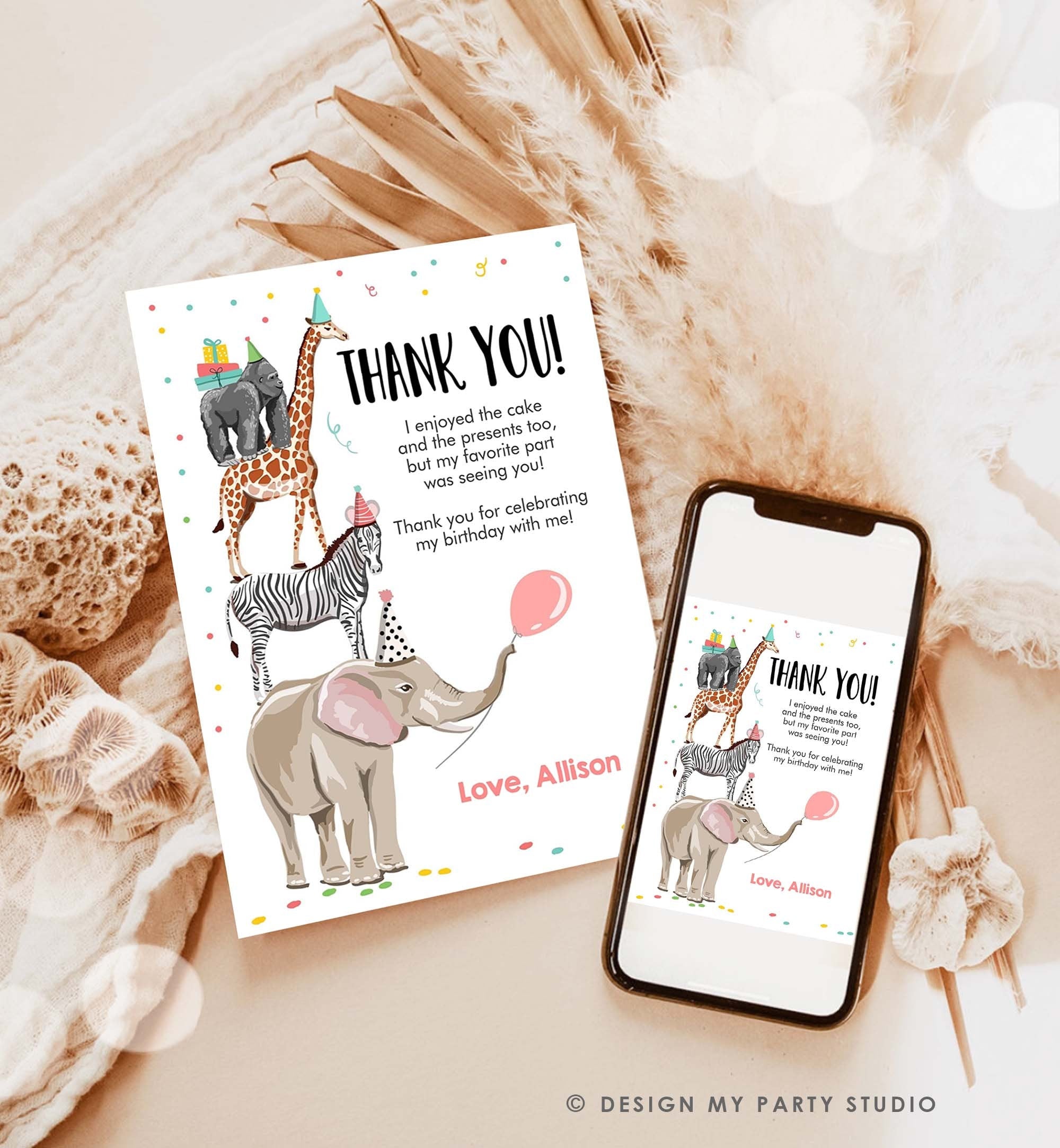 Editable Thank You Card Party Animals Thank you Note Wild Safari Animals Girl Jungle Zoo Download Printable Template Digital Corjl 0142